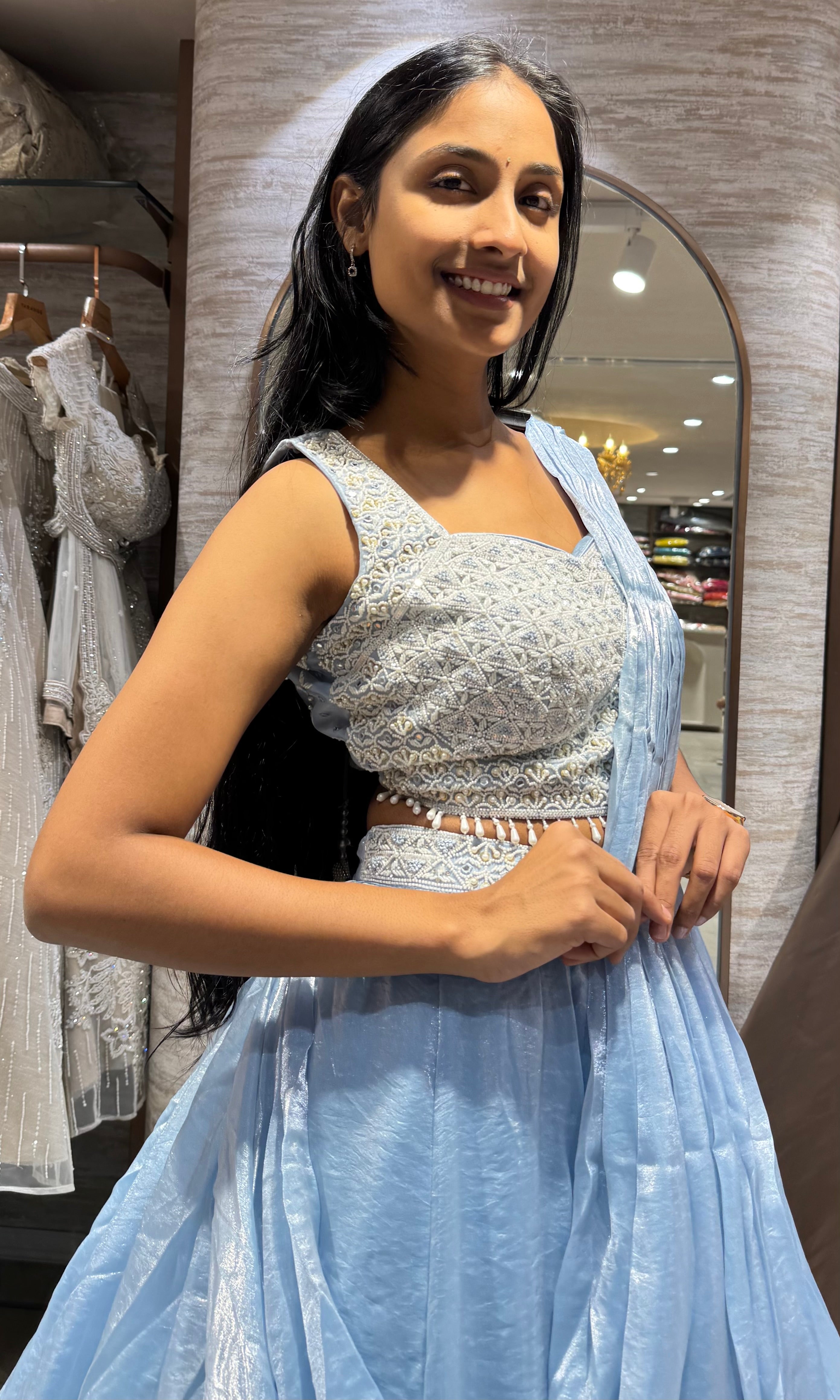 sea Blue Organza Bead Embroidered Lehenga
