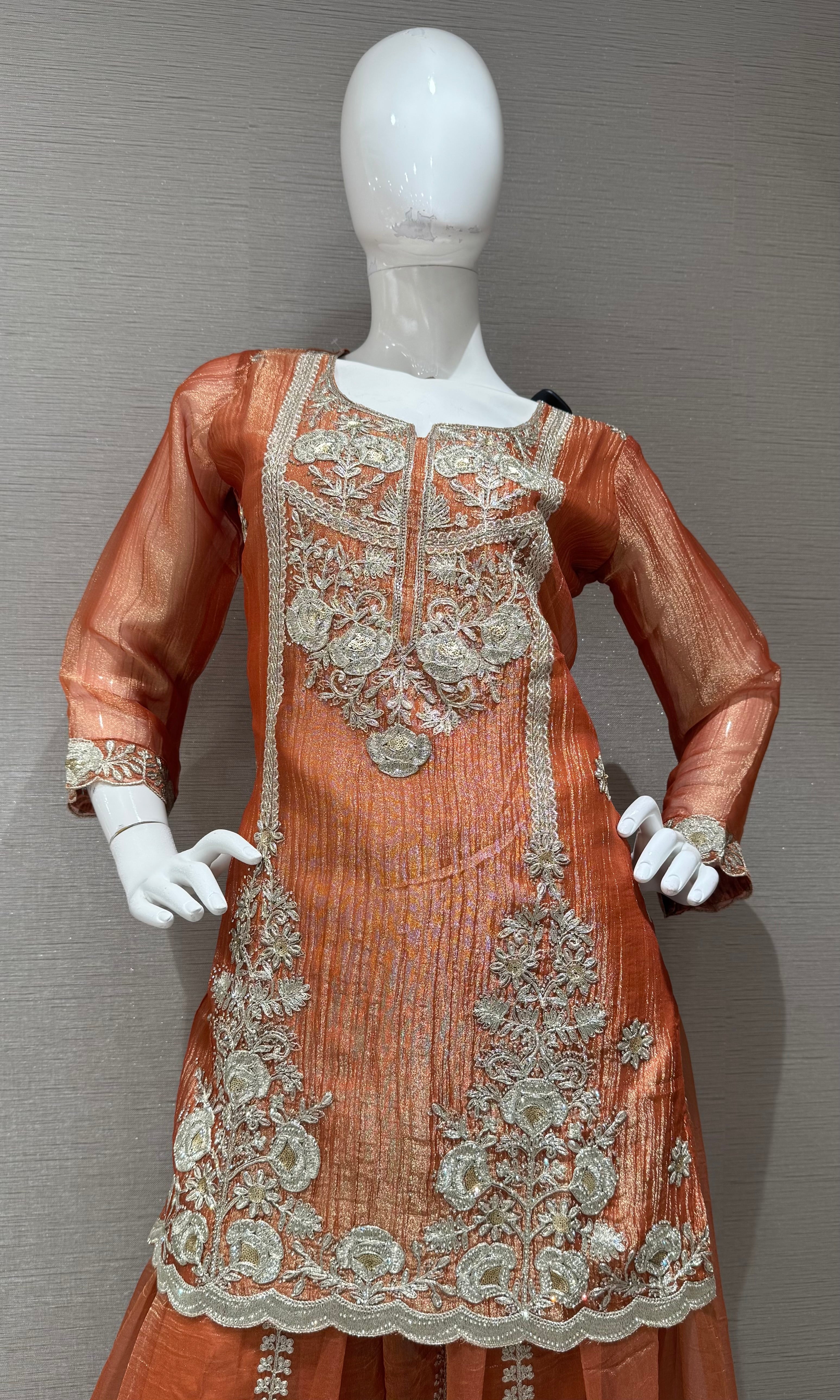 Rust Embroidered Sharara Set with Sheer Dupatta