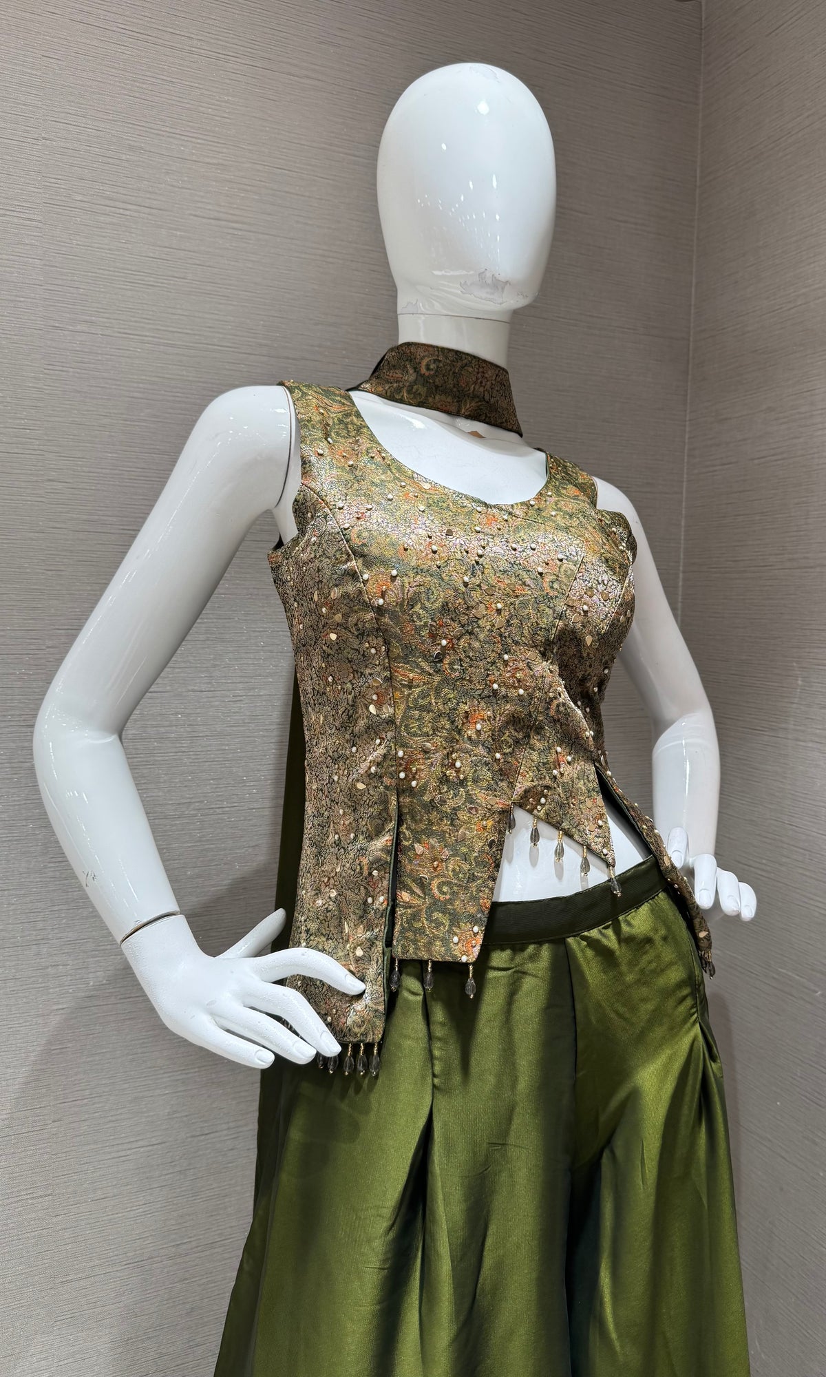 Olive Green Georgette Palazzo Set with Metallic Gold Halter Top