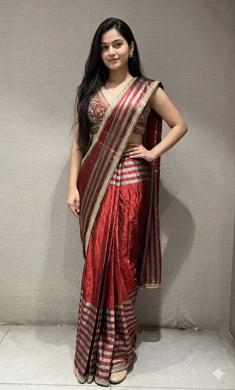 Red DRAPE SAREE WITH EMBELLISHED BLOUSE