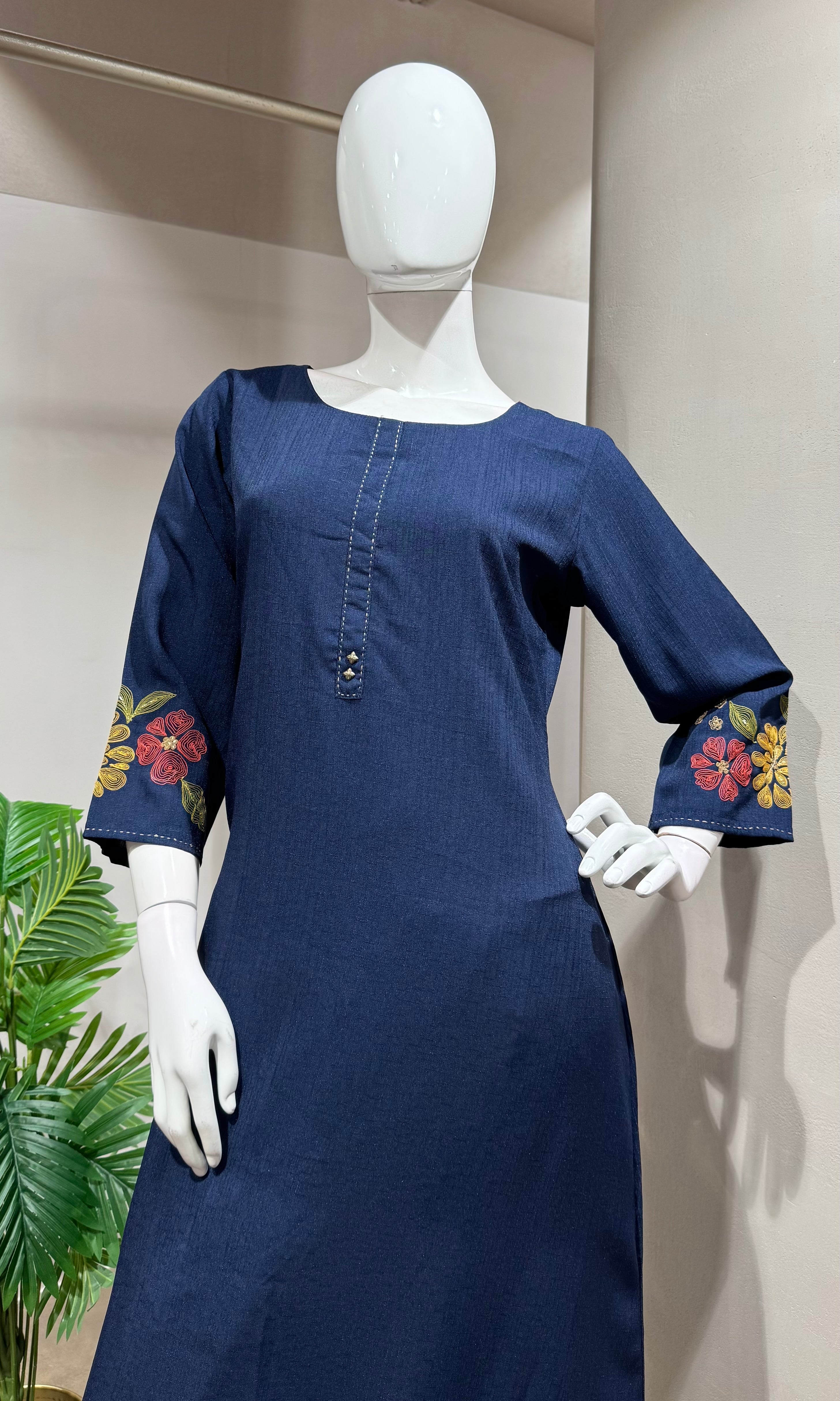 BLUE Floral Embroidery KURTI WITH BOTTOM