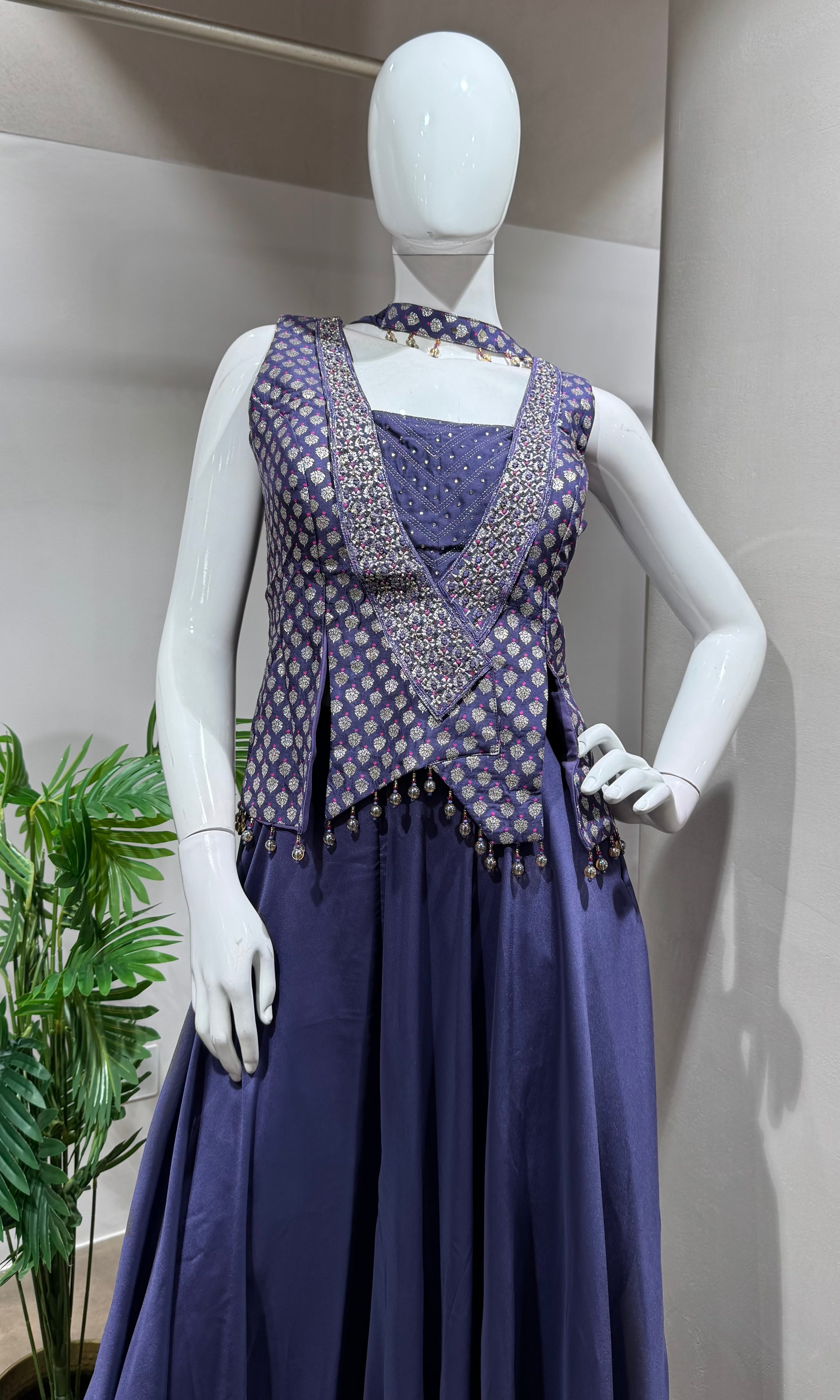 Purple Embellished Peplum Palazzo Set