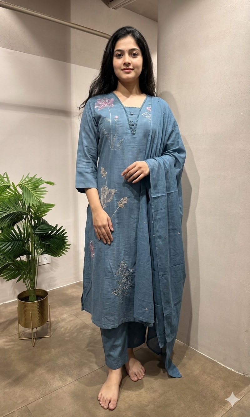 Light blue floral print kurta set