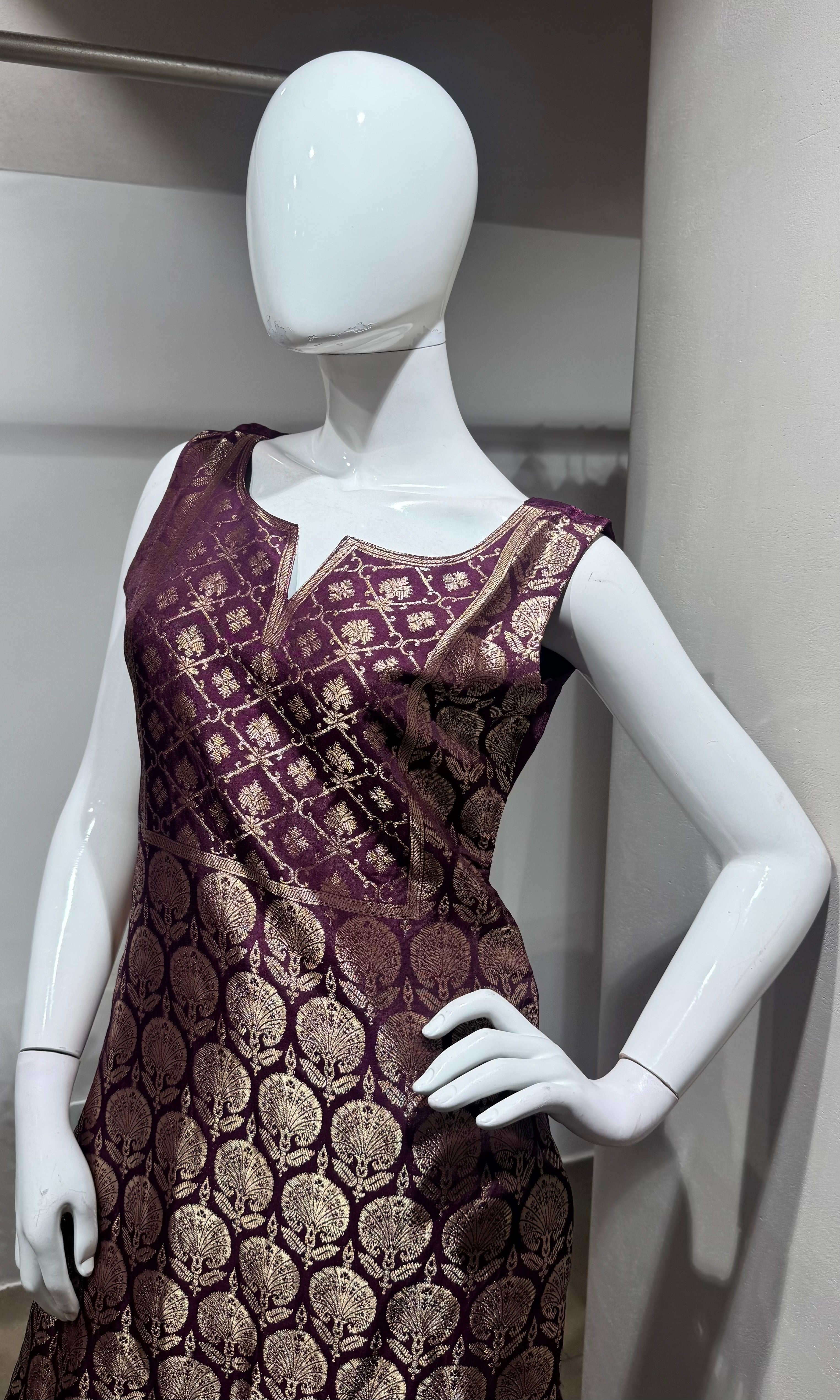 Wine golden banarasi kurta set