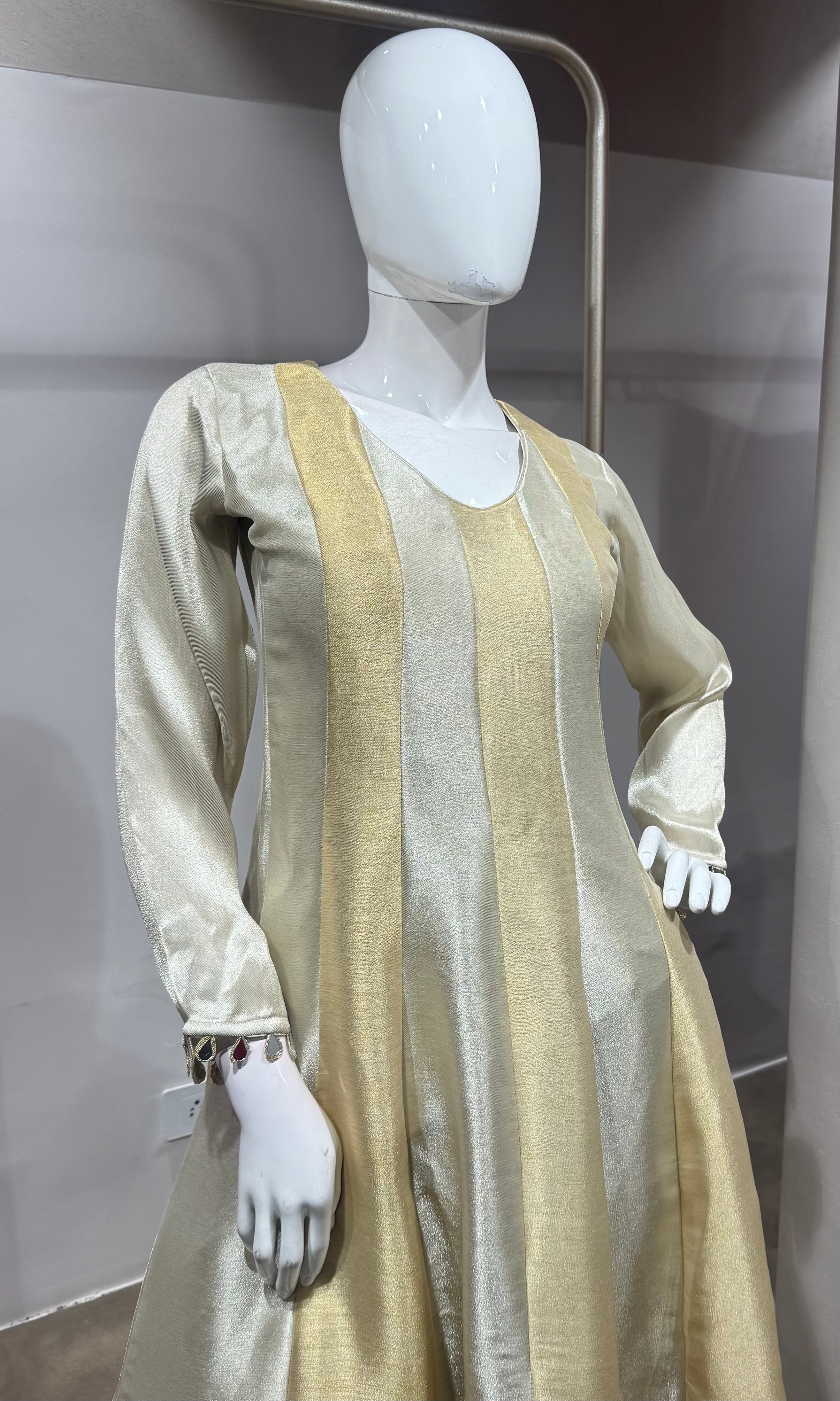 Cream golden tissue anarkali set