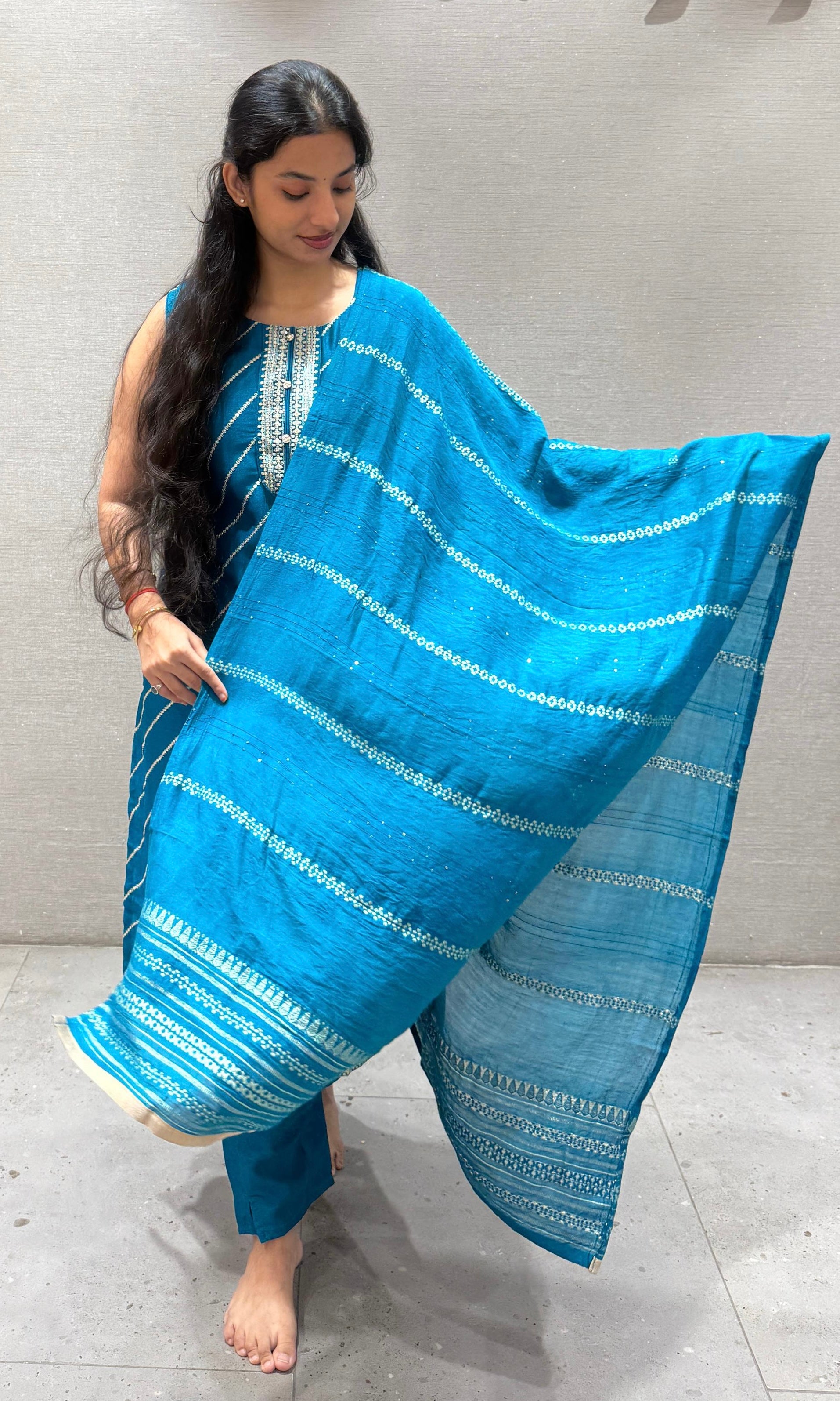 Rama blue Leheriya Kurta Set