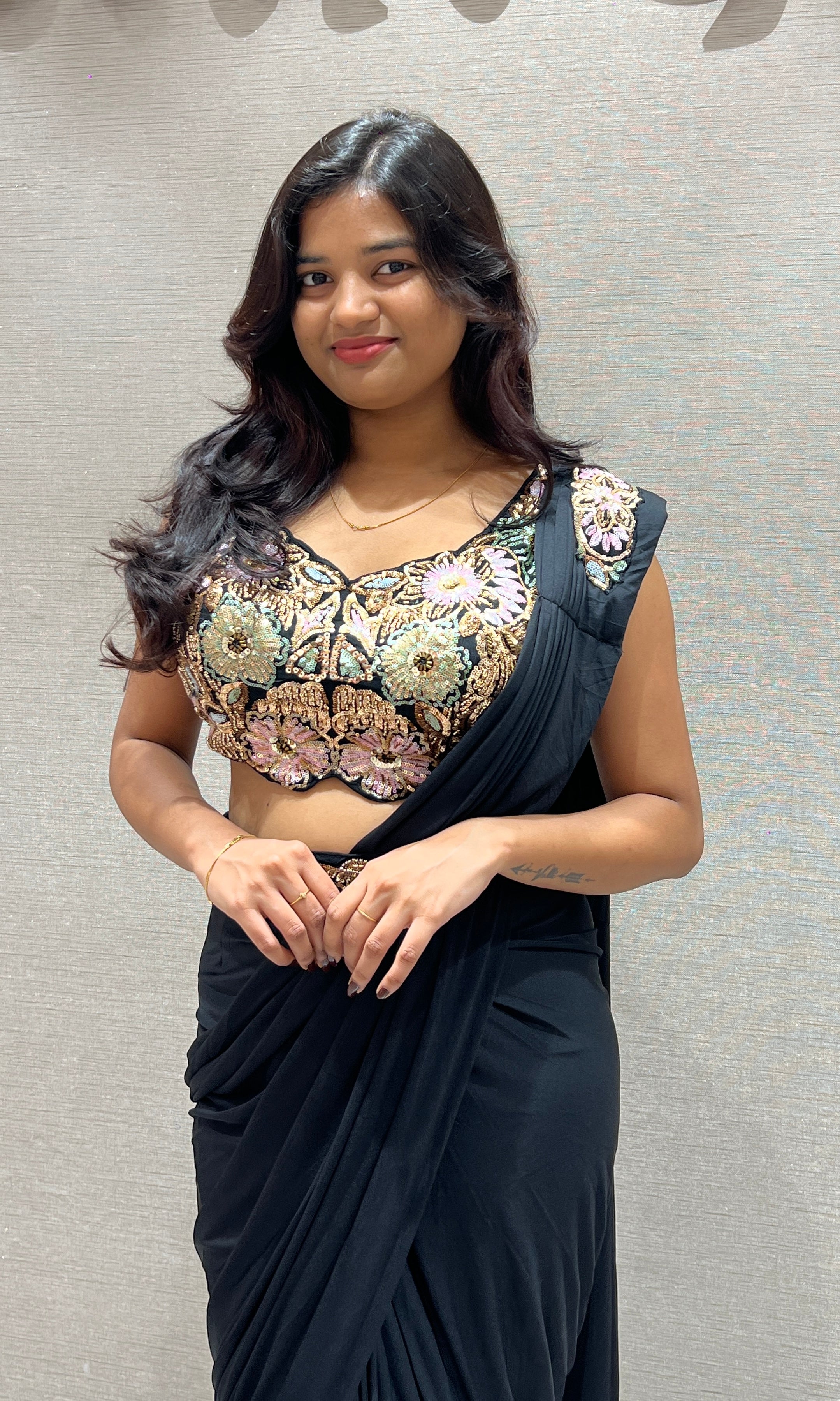 Black Drape Saree with Embroidered Net Corset