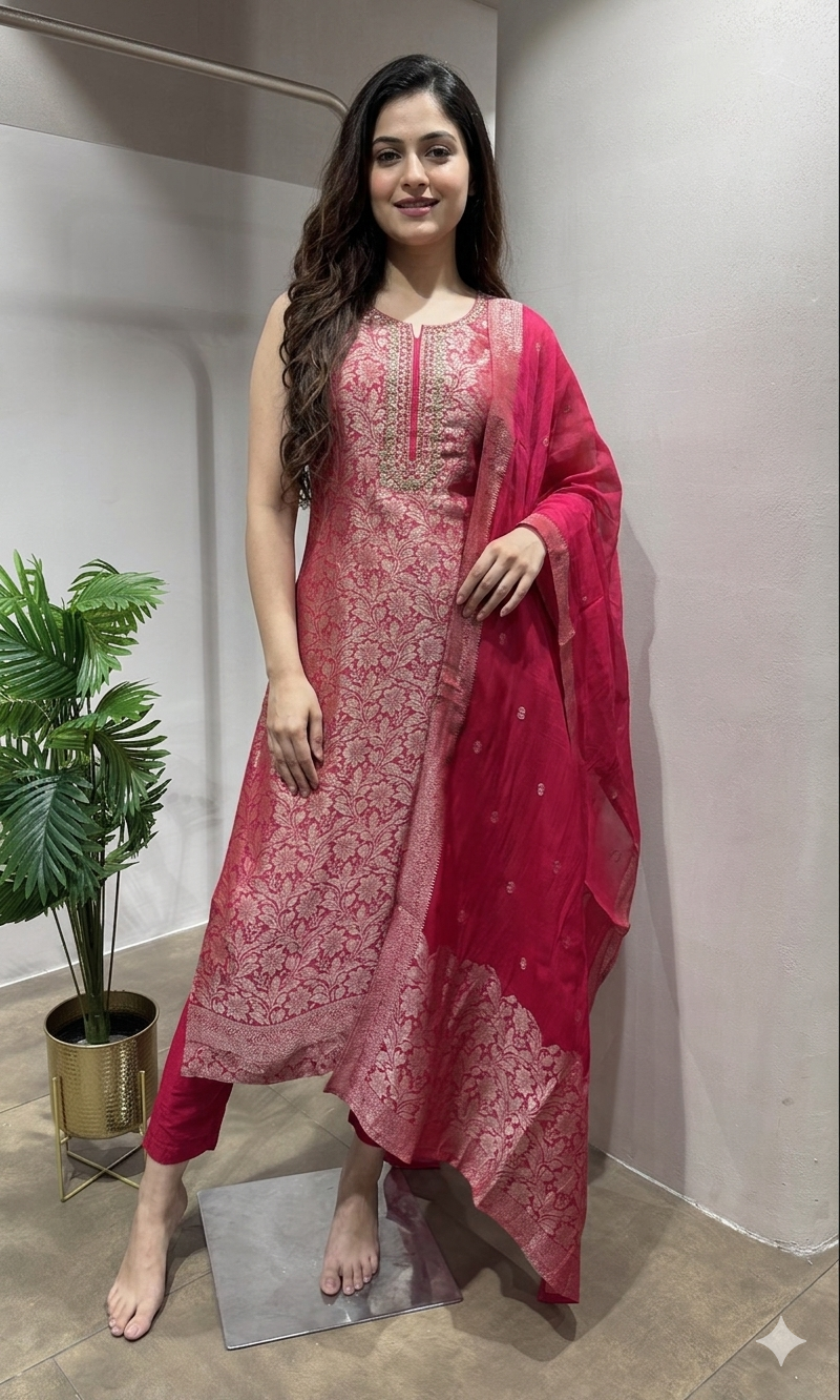 RANI pink Banarasi kurta set