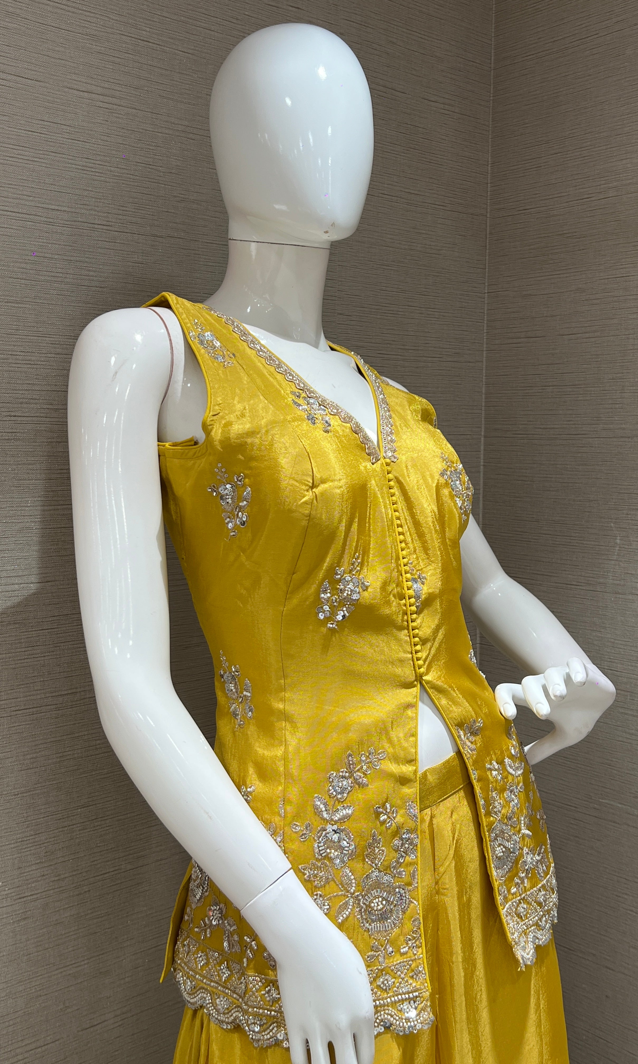 golden Yellow shimmer tissue palazzo with intricate embroidery