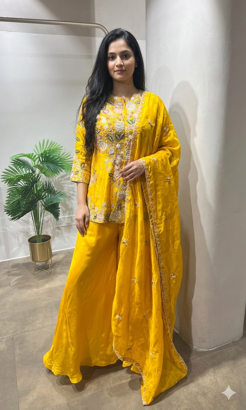 Yellow Floral Embroidery palazzo set