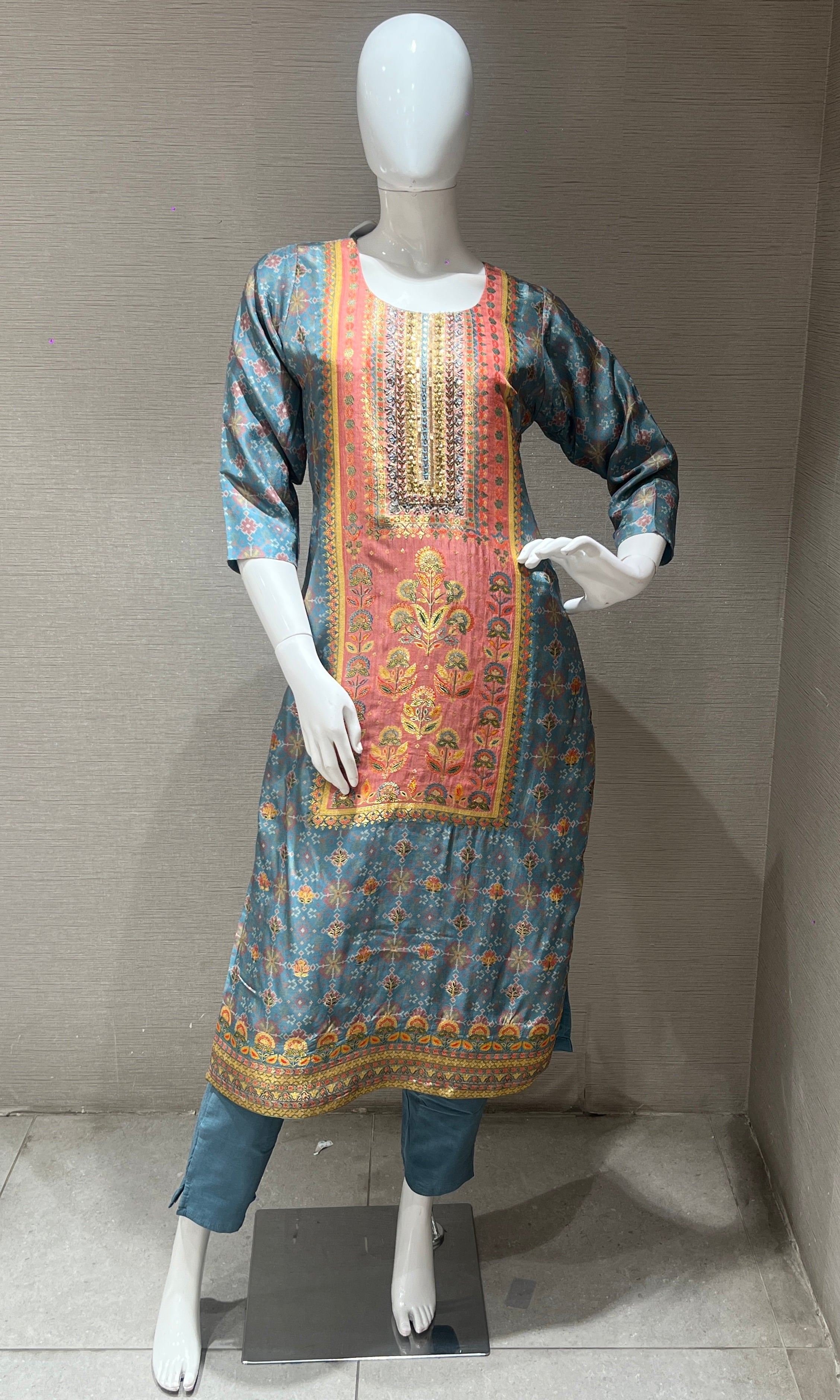 Blue and Orange Printed Kurta Set with Dupatta