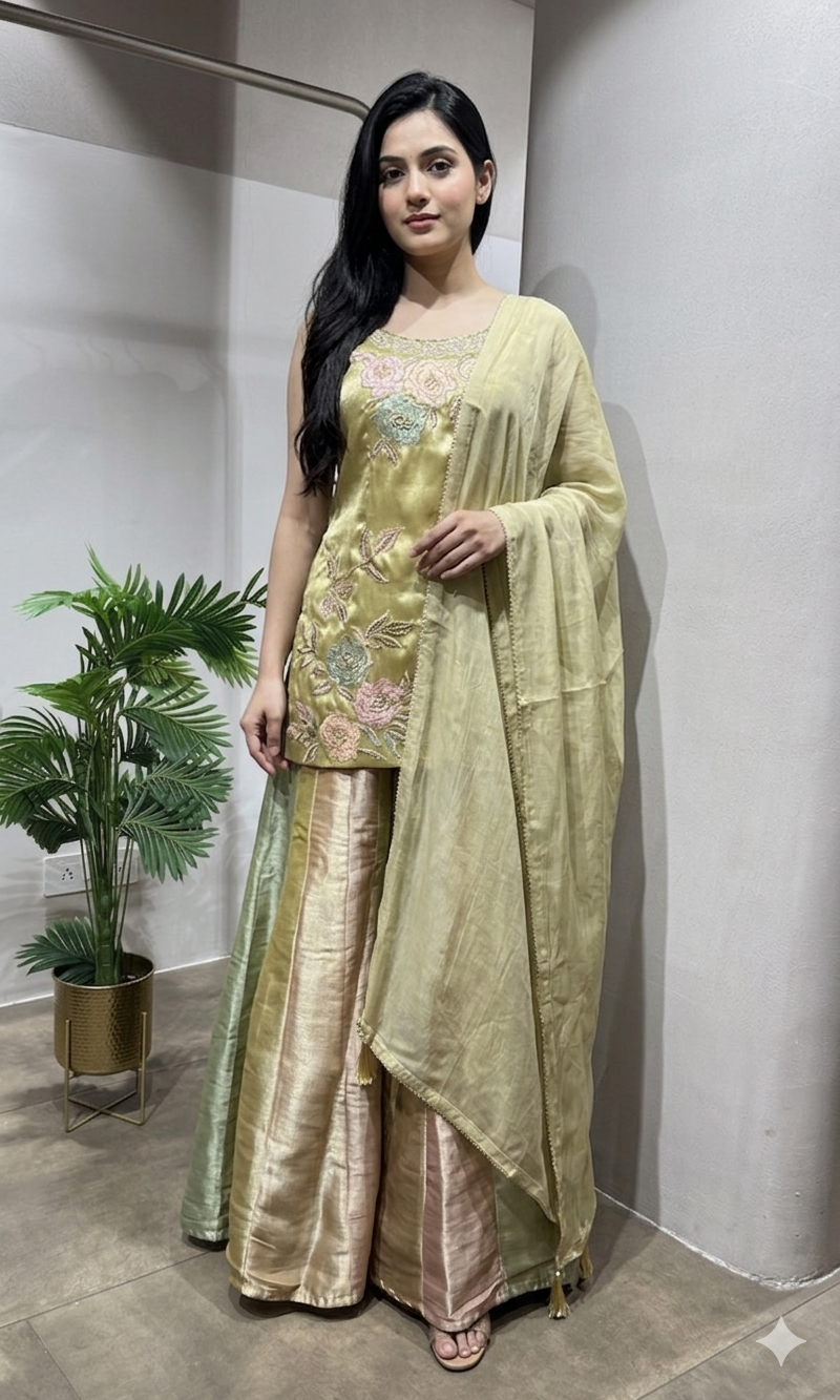 GOLD Tissue Silk Sharara with Floral Embroidery