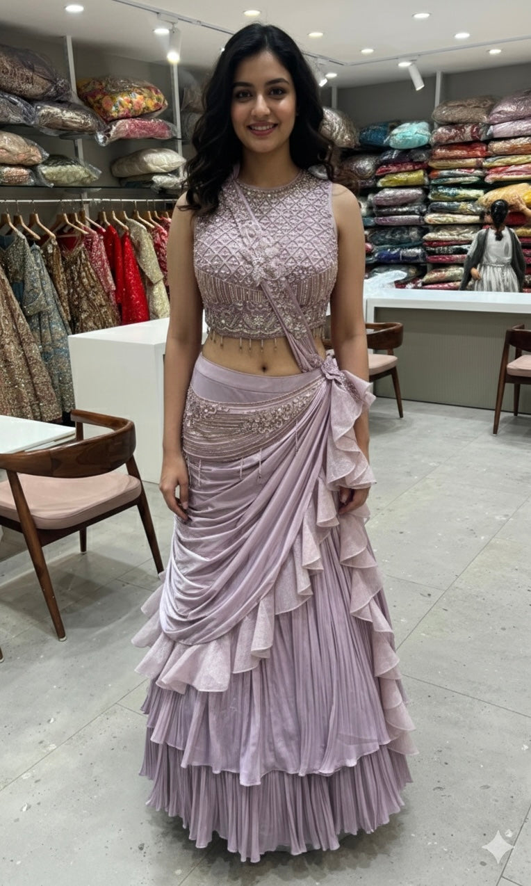 Lilac DRAPE LEHENGA WITH RUFFLES AND PALLU
