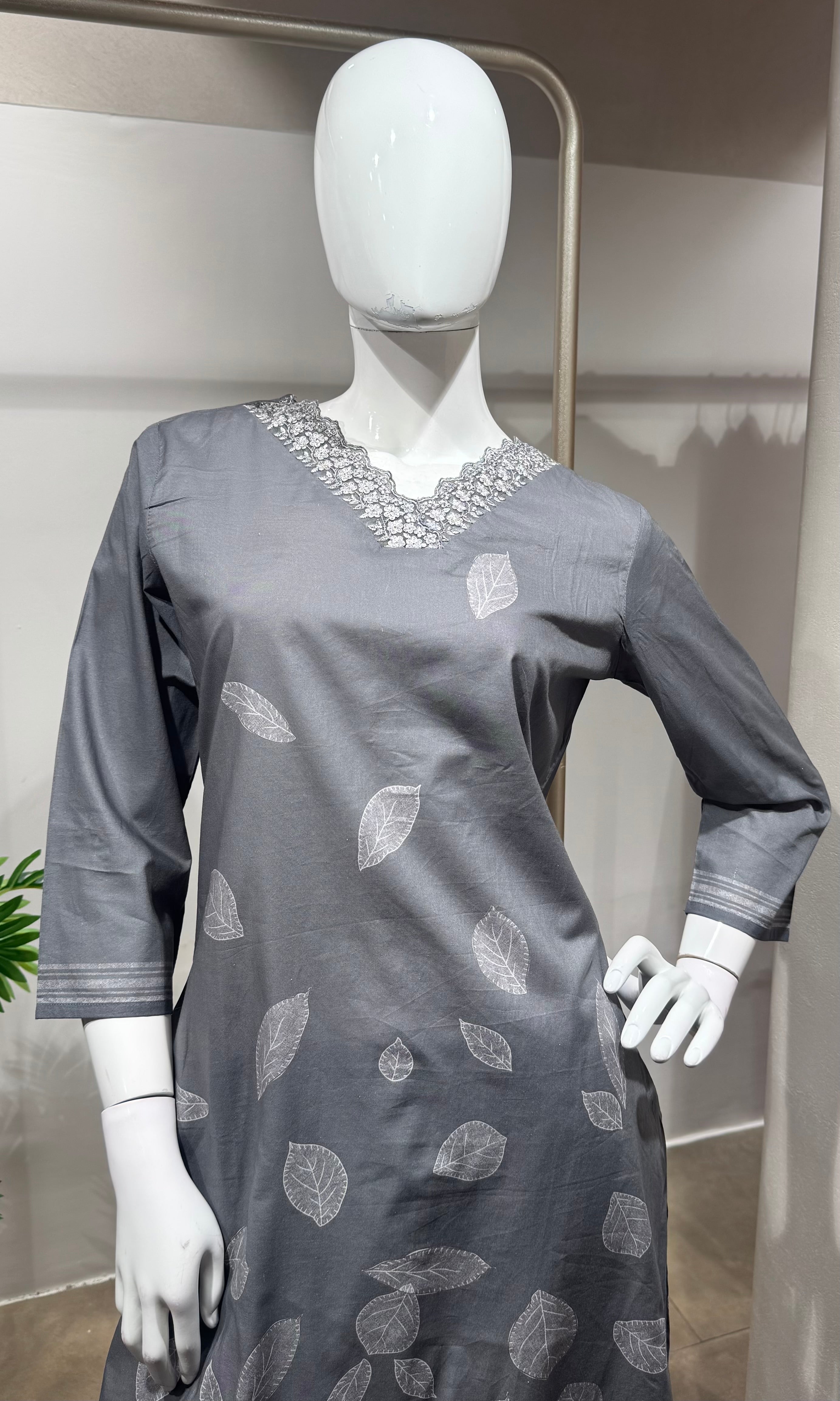 Grey leaf printed kurta set