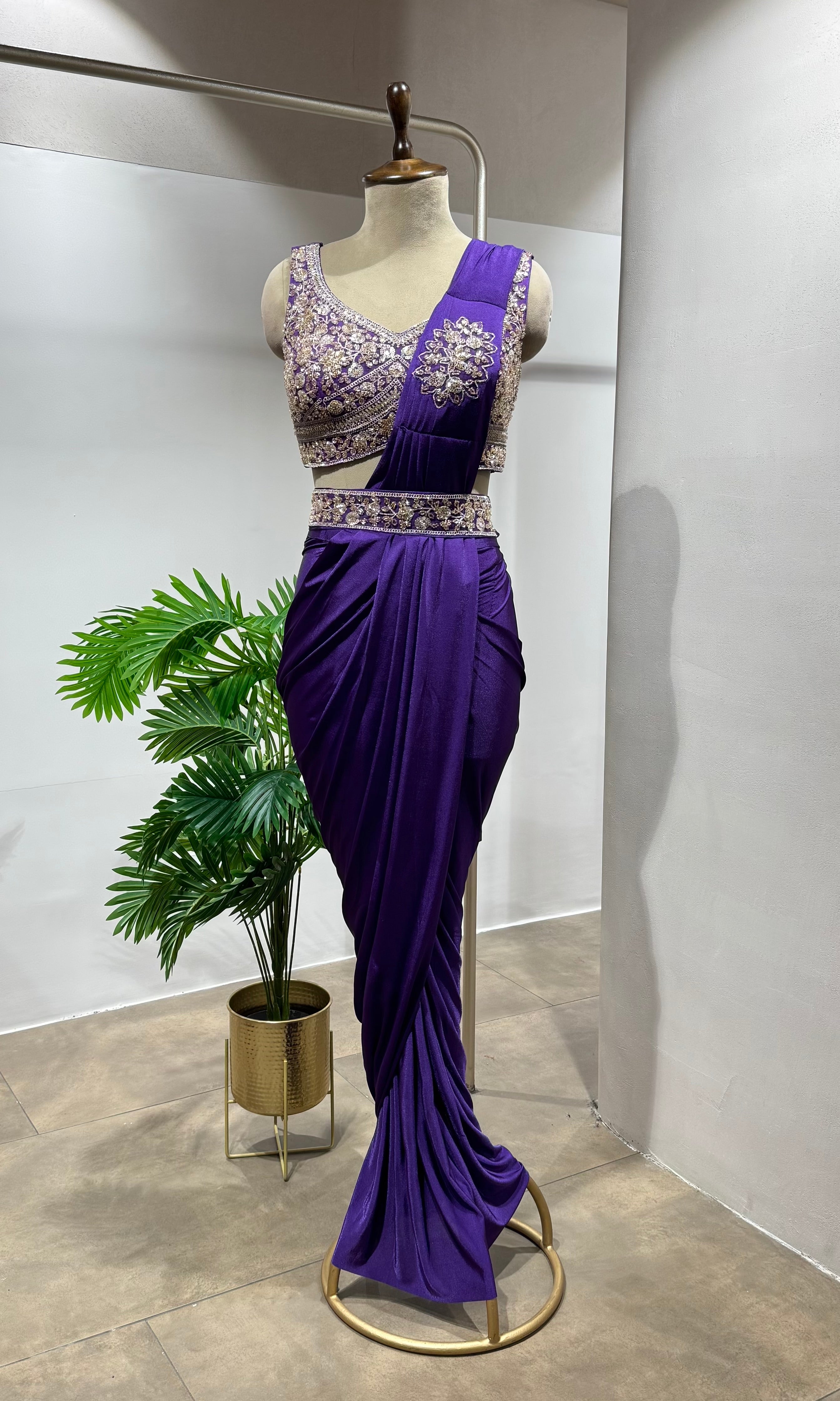 purple Draped Saree with Embellished Blouse & belt
