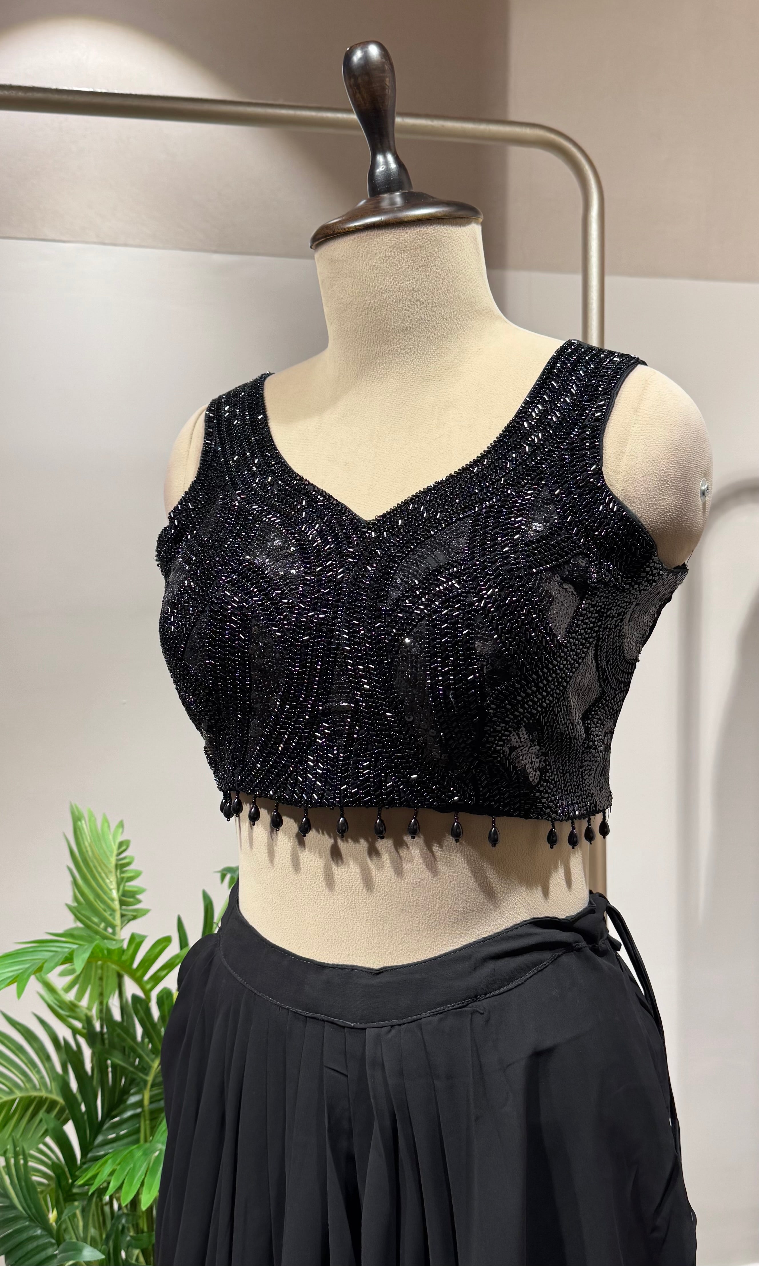 Black Embroidered Georgette Draped Skirt