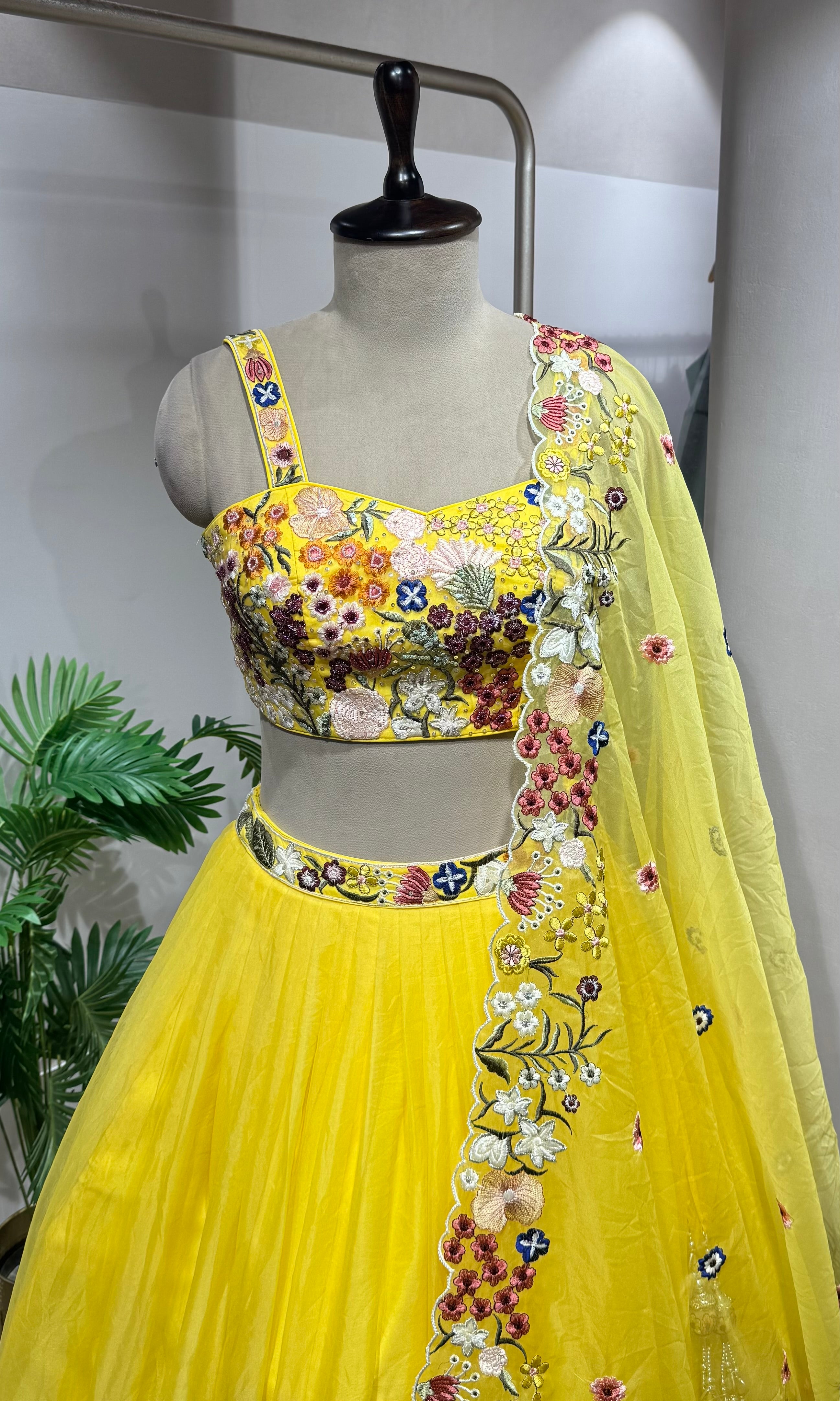 yellow floral embroidered lehenga set