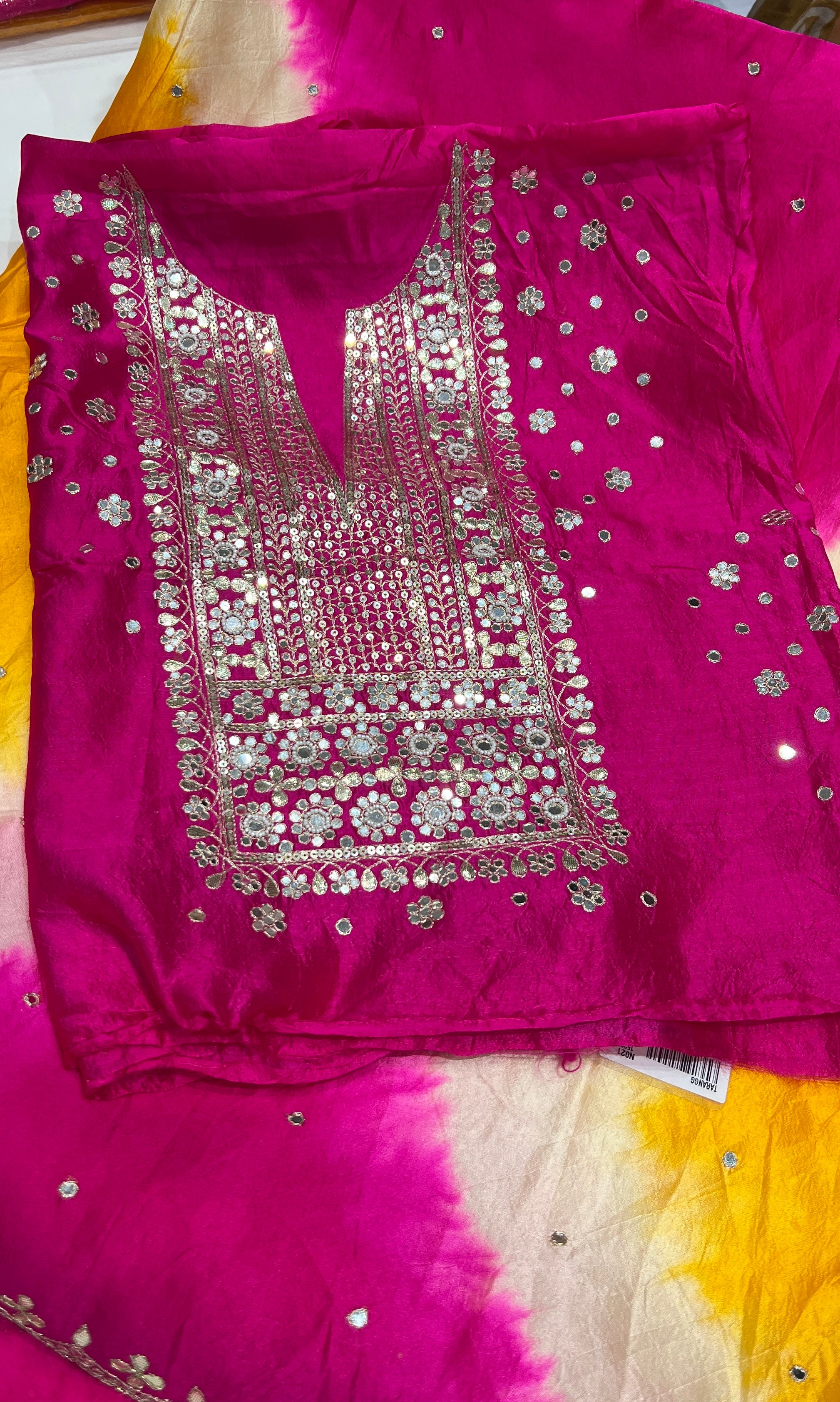 Shibori Tussar silk yellow and pink saree