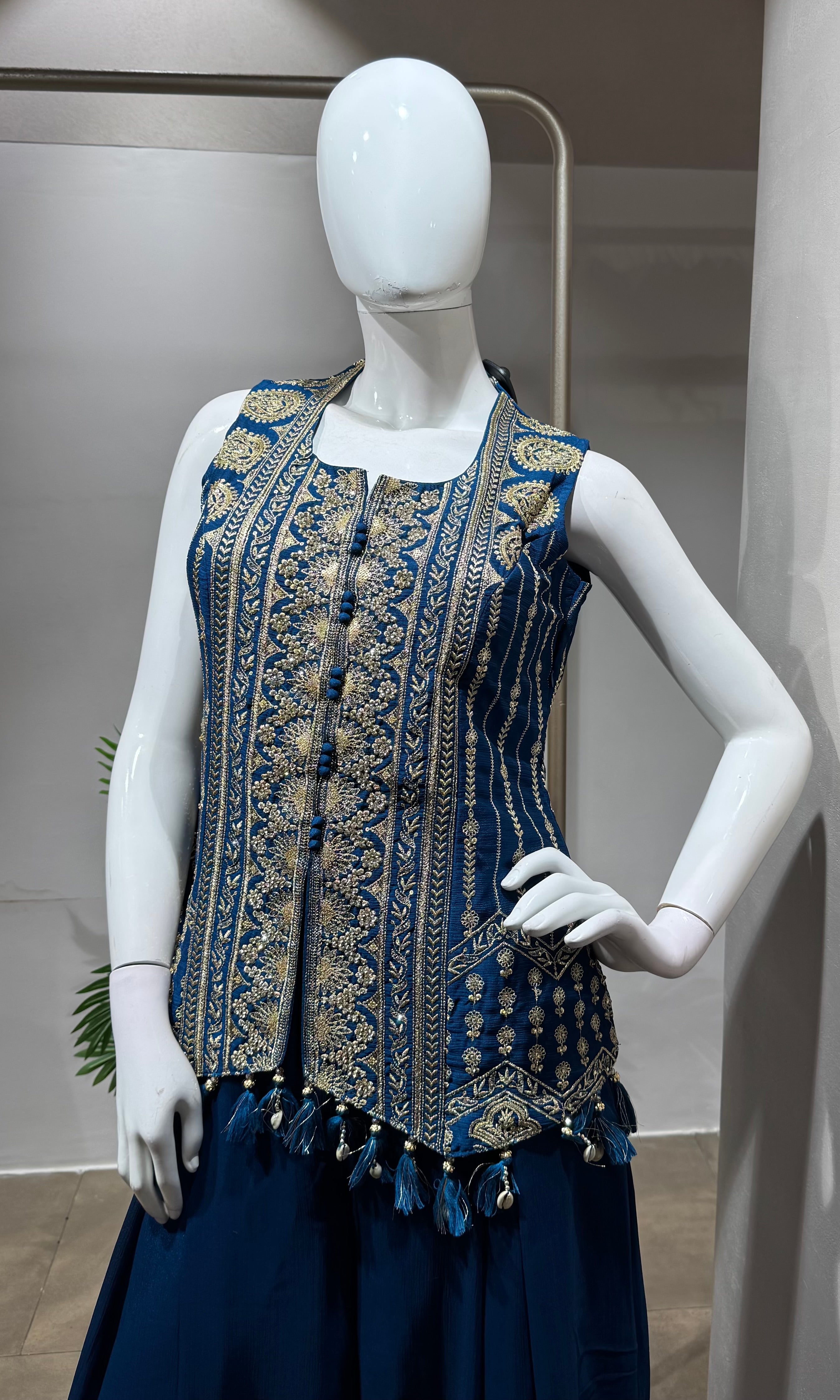 BLUE golden embroidery peplum palazzo set
