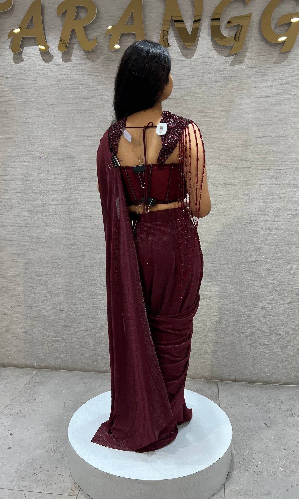 Wine Drape Saree with Embellished Blouse