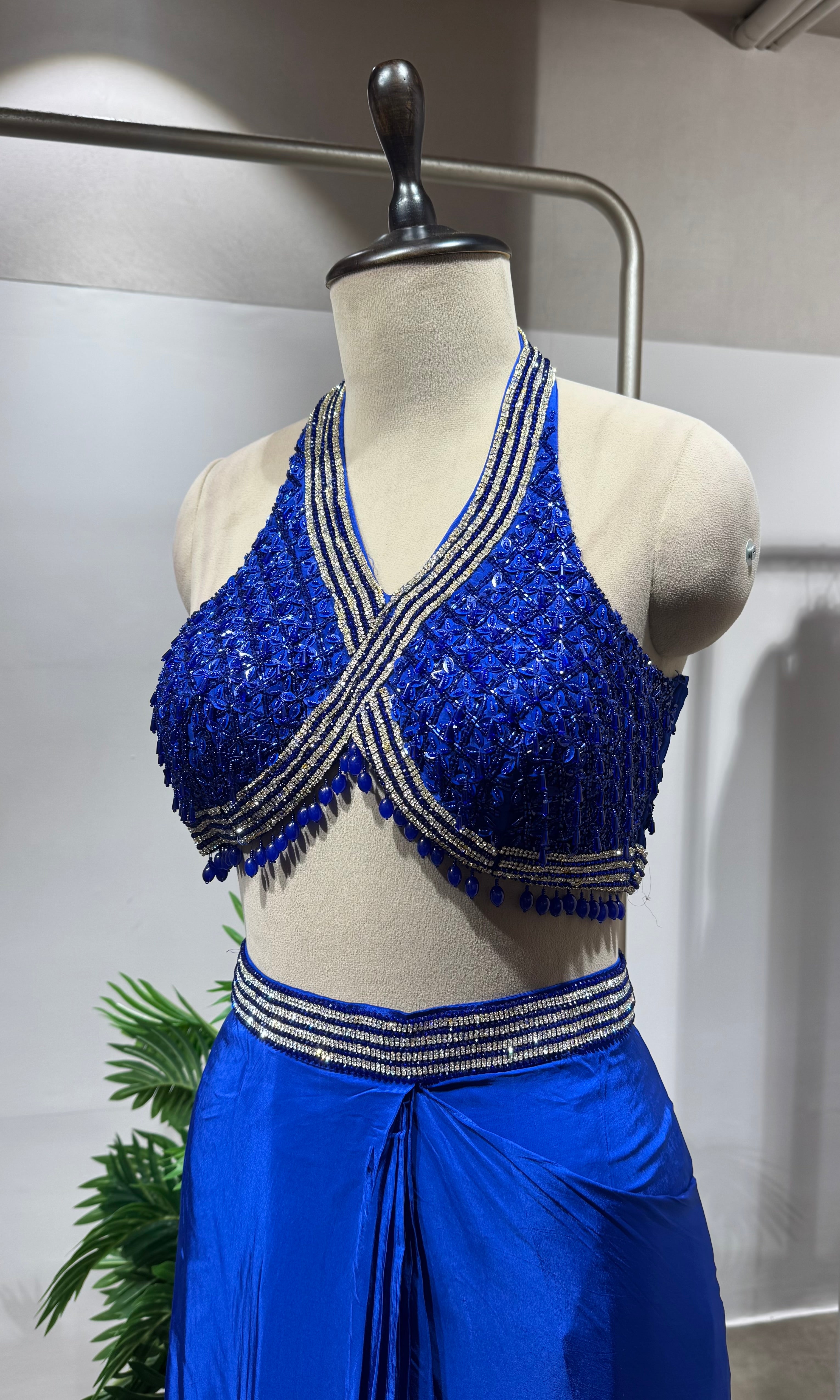 Blue Draped Saree with Sequin Embroidered Blouse