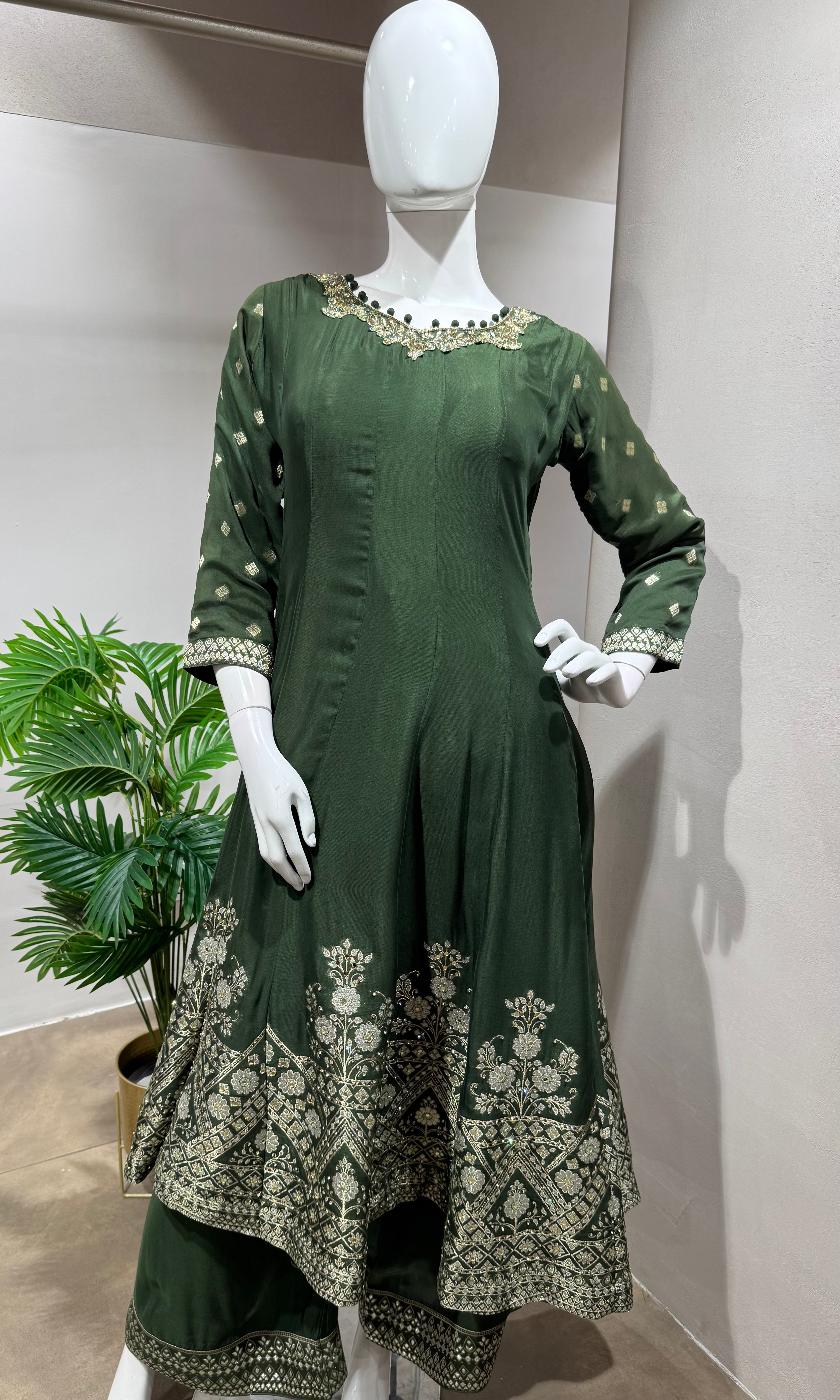 BOTTLE GREEN ANARKALI WITH Palazzo PANTS