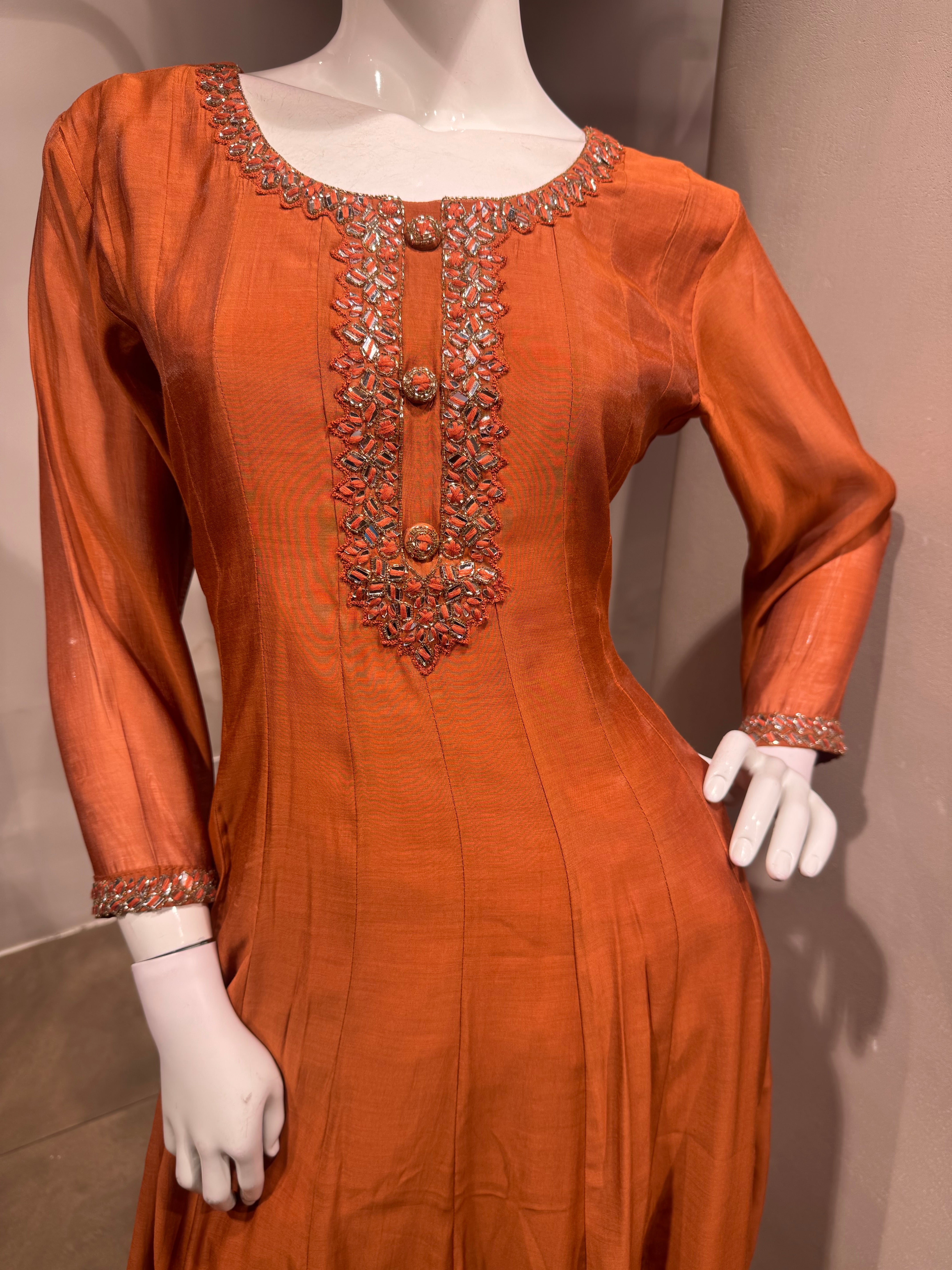 Brown Silk Embroidered Anarkali Set with Dupatta