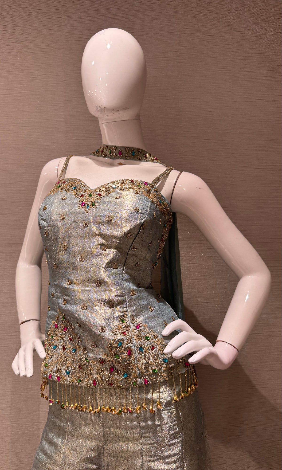 Pista Green Shimmer Corset Top and Stoned Palazzo Set