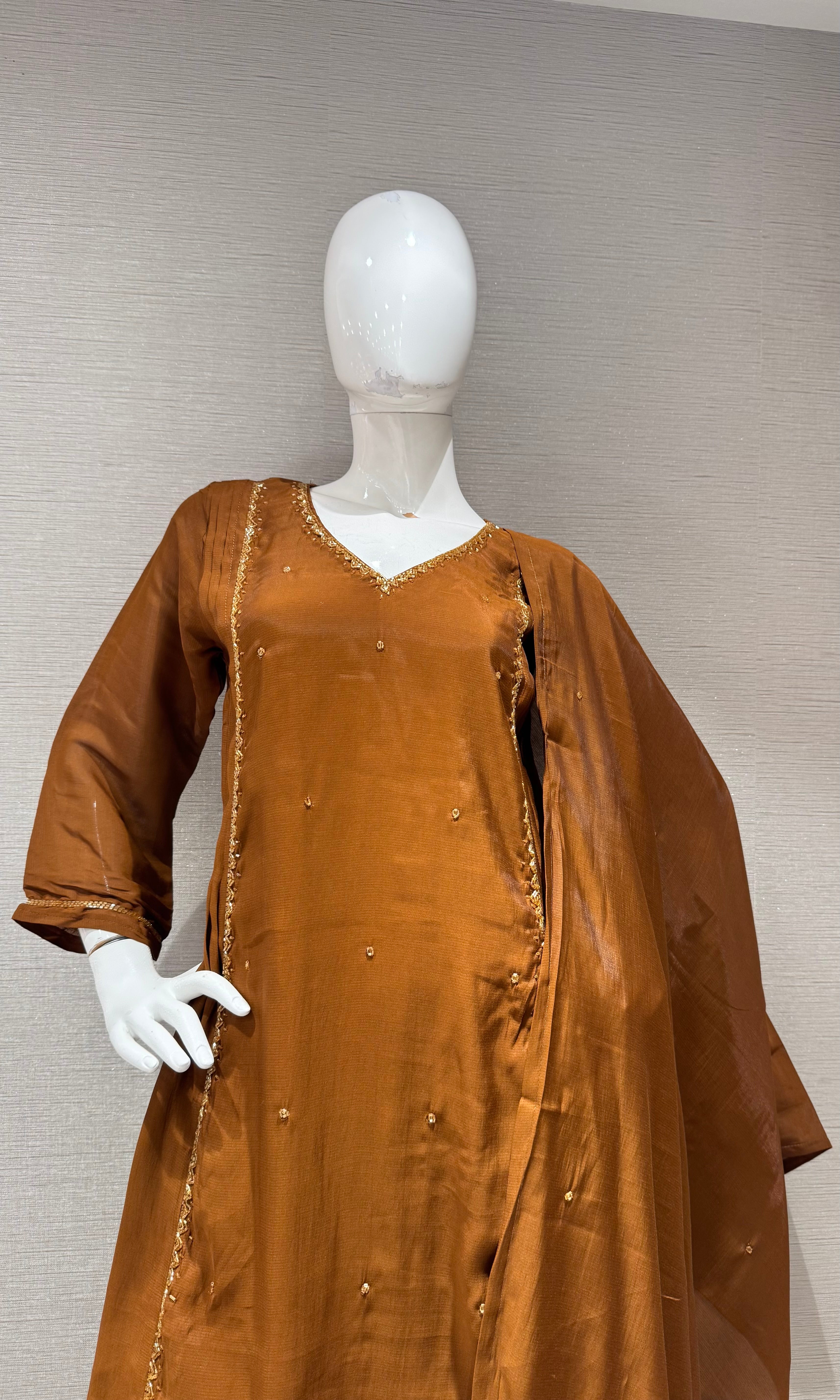 Brown A line Cotton Kurta set with dupatta