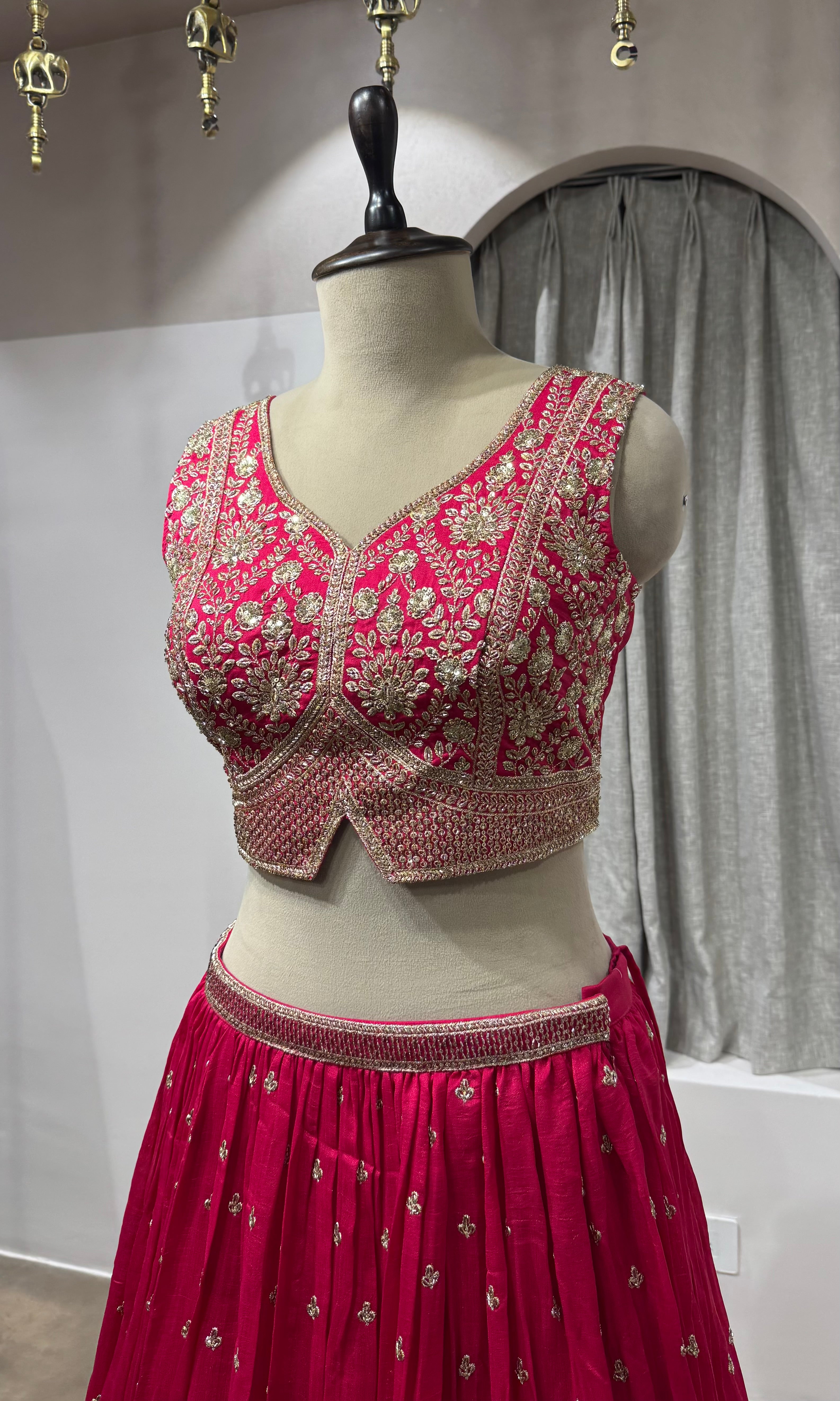 Rani pink Golden Ethnic Lehenga set
