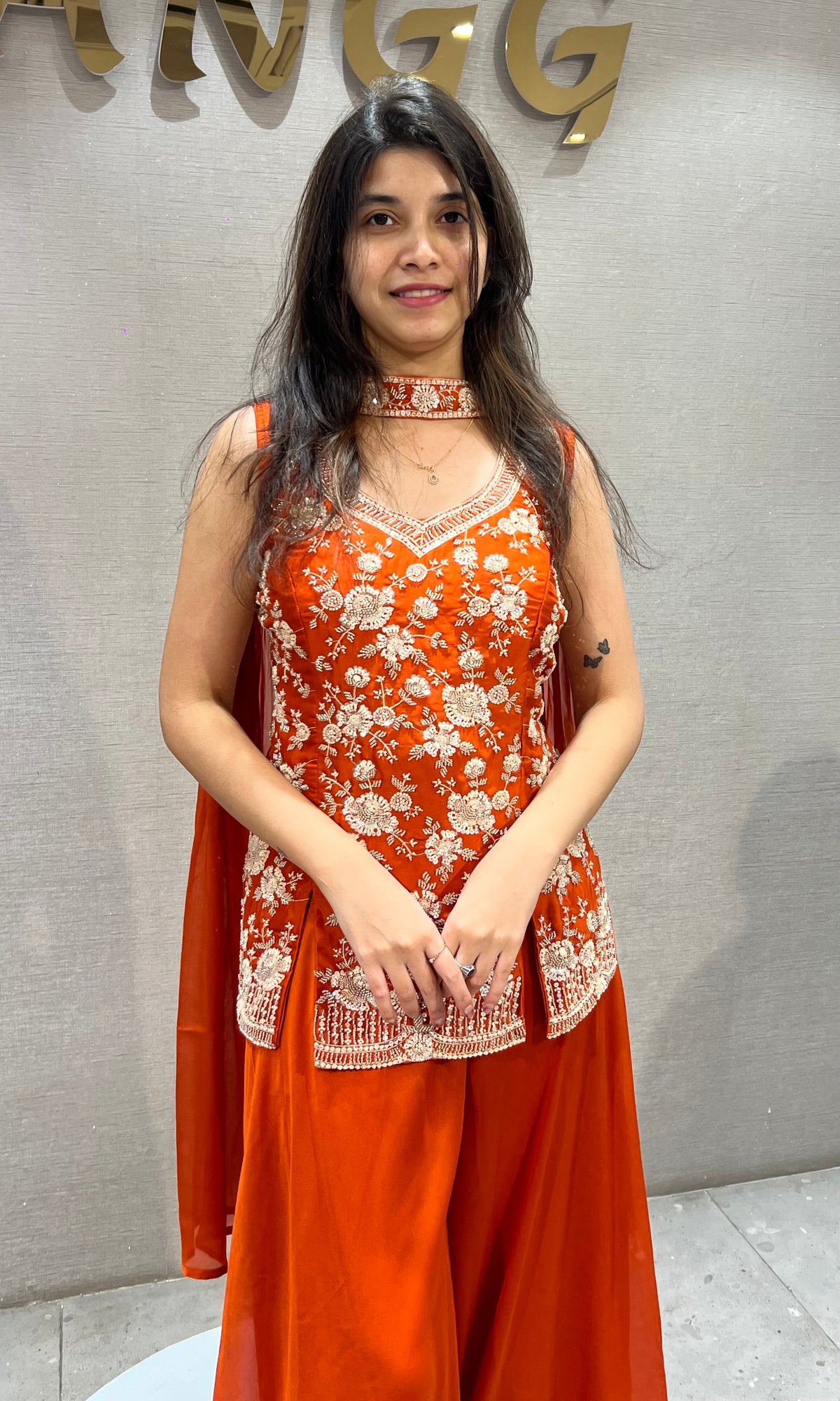 Orange Silk Floral Embroidered Palazzo Set