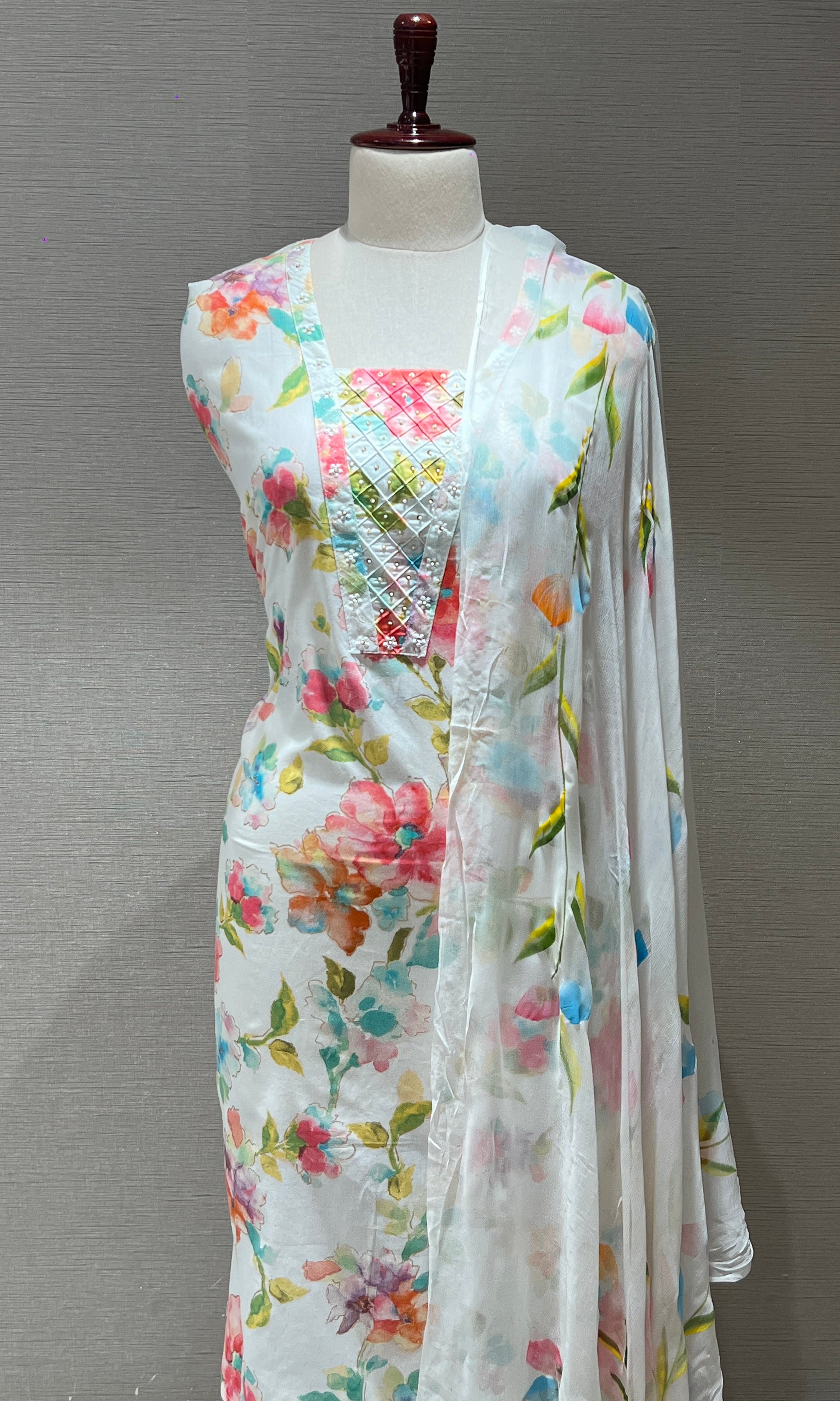 Multi colour floral embroidered dress material