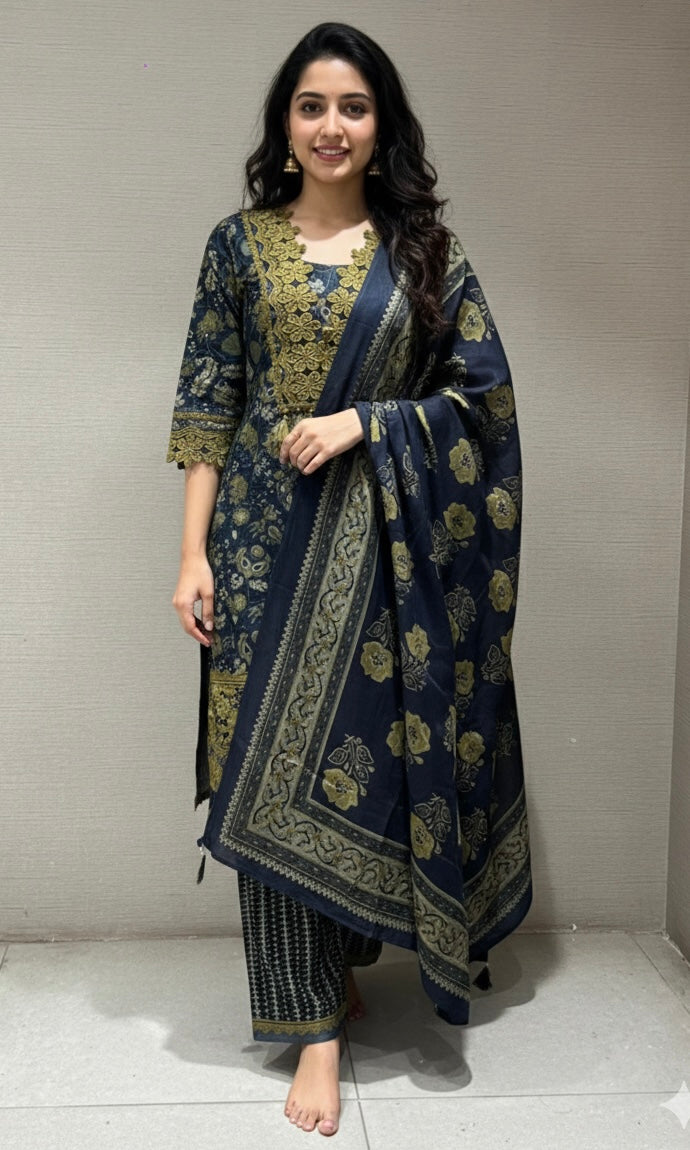 Blue FLORAL EMBROIDERED KURTA SET