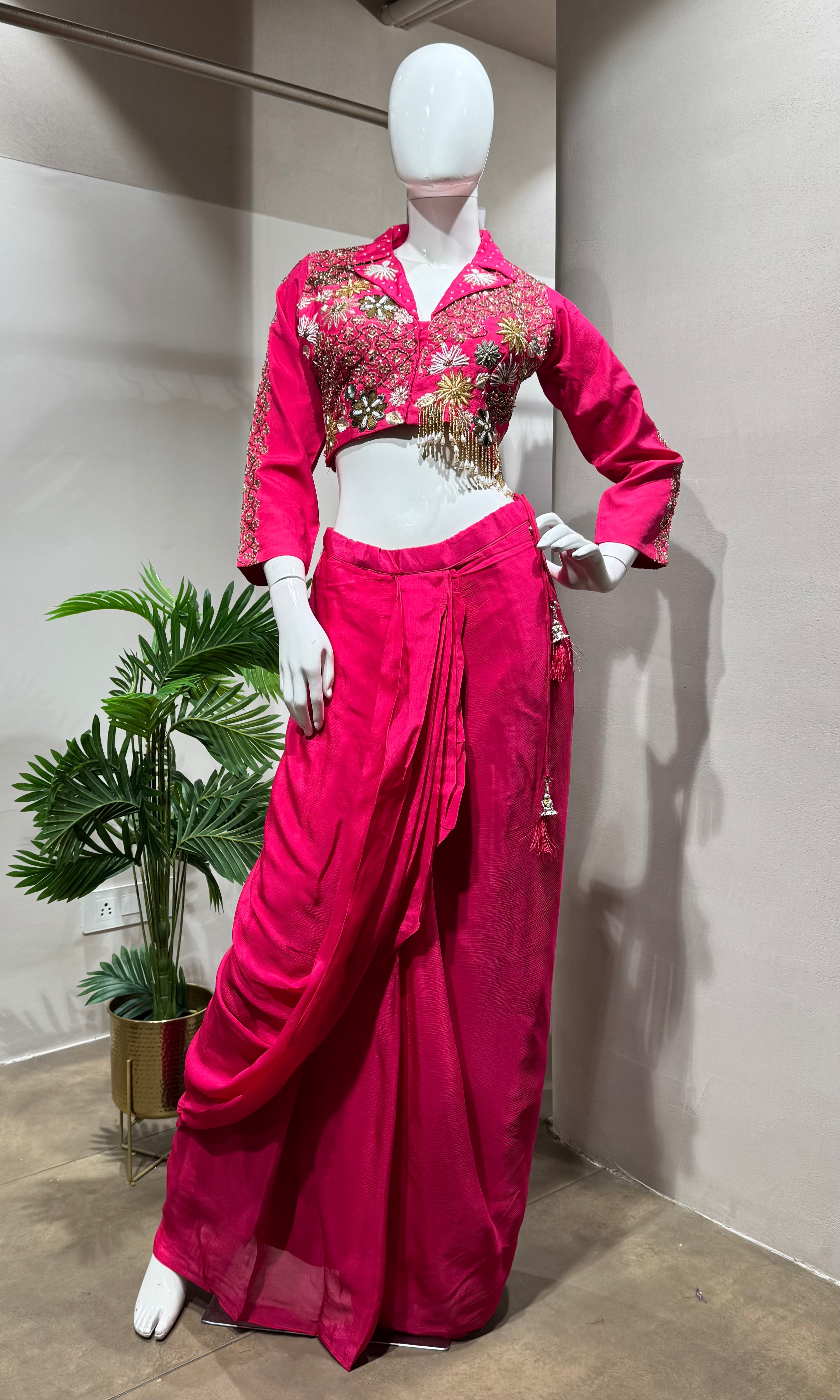rani drape skirt set with embellished jacket blouse