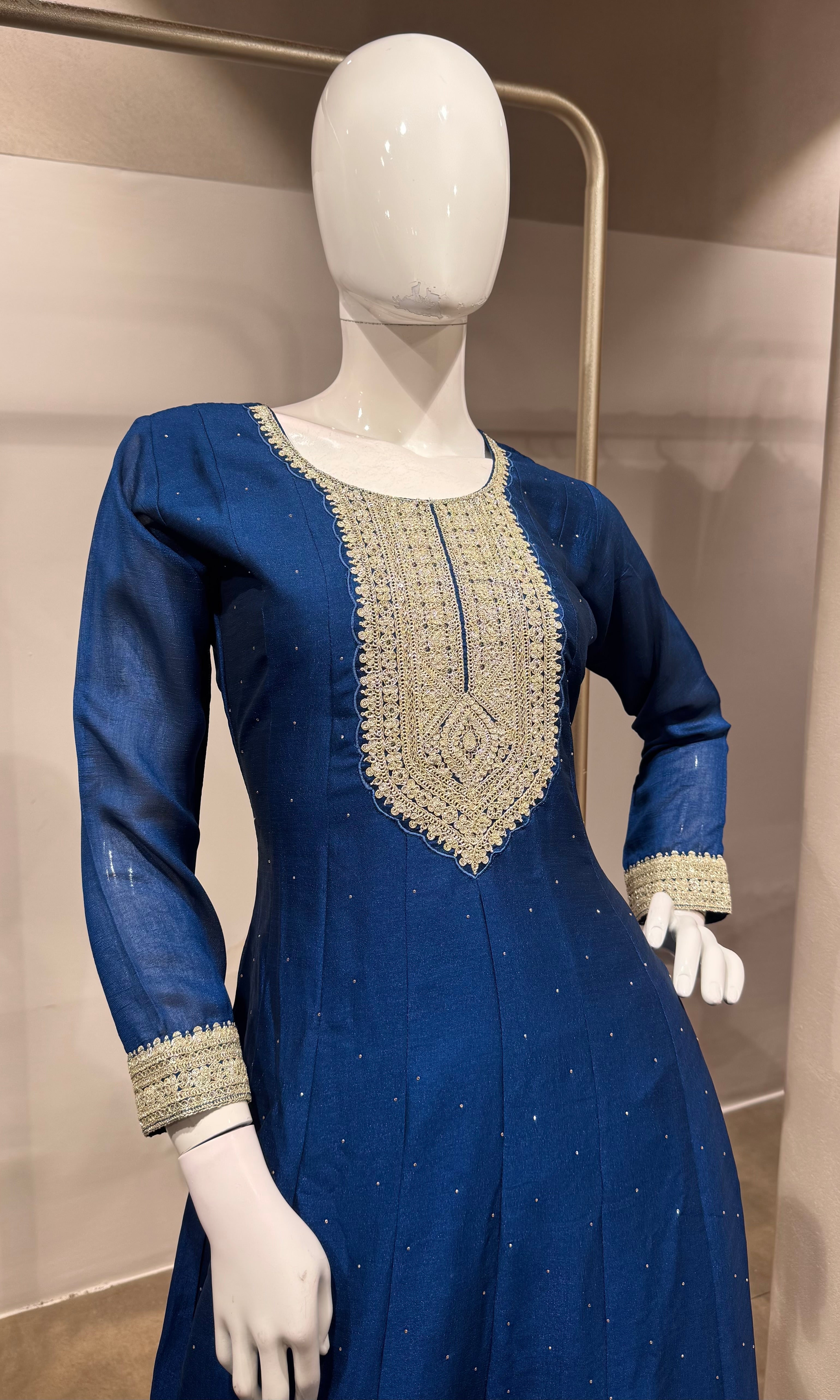 Navy Blue Embroidered Silk Kurta Set