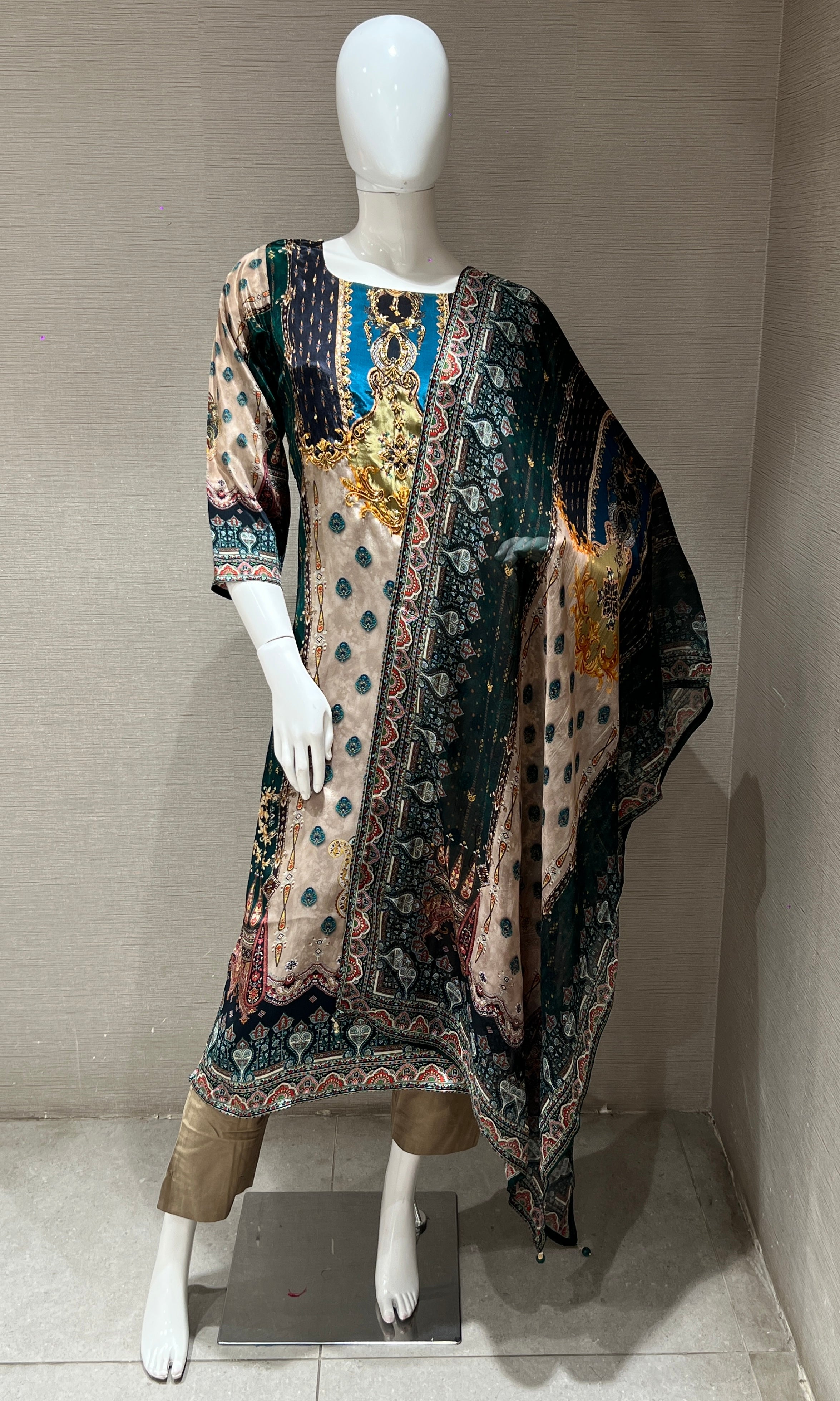 peacock green printed kurta set