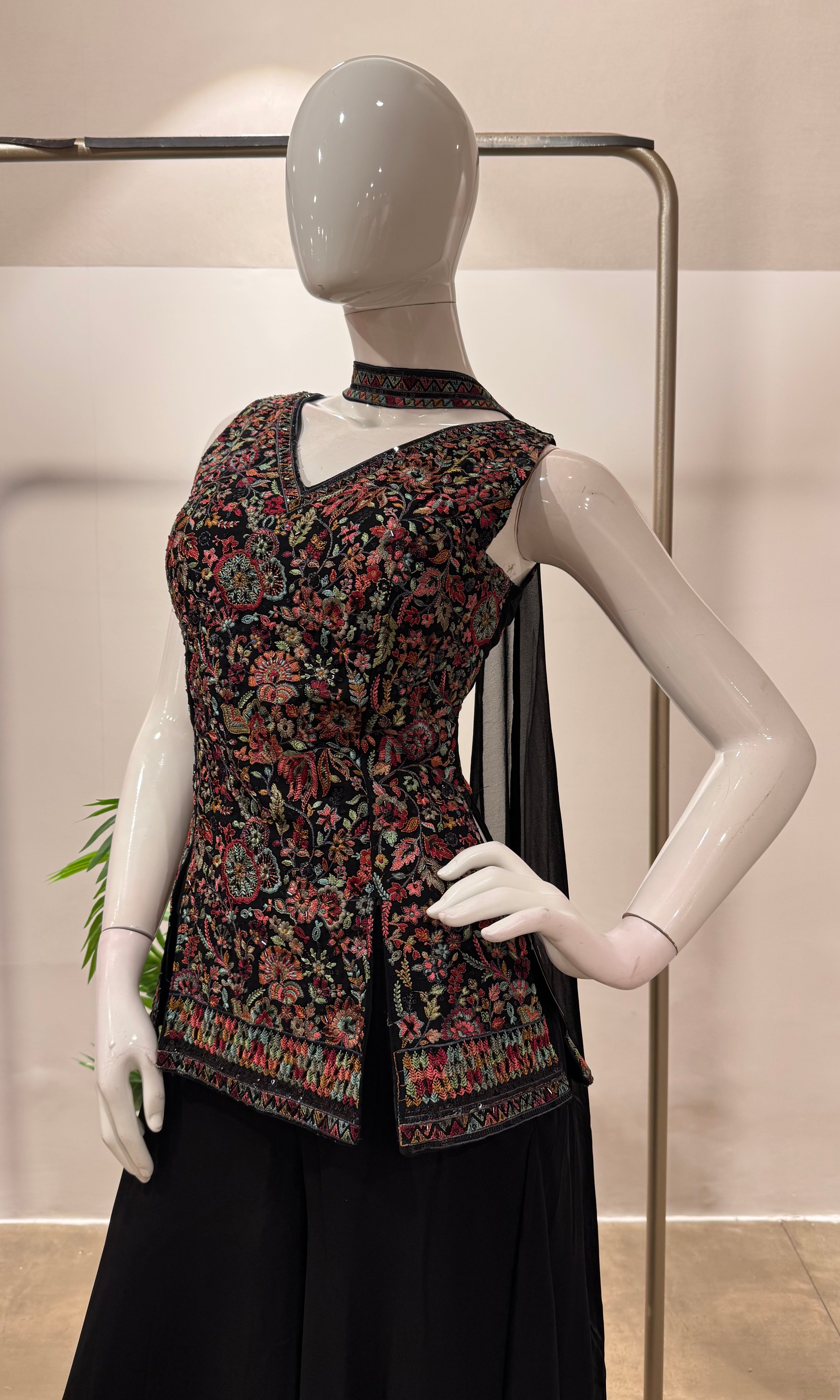 BLACK FLORAL PEPLUM PALAZZO SET