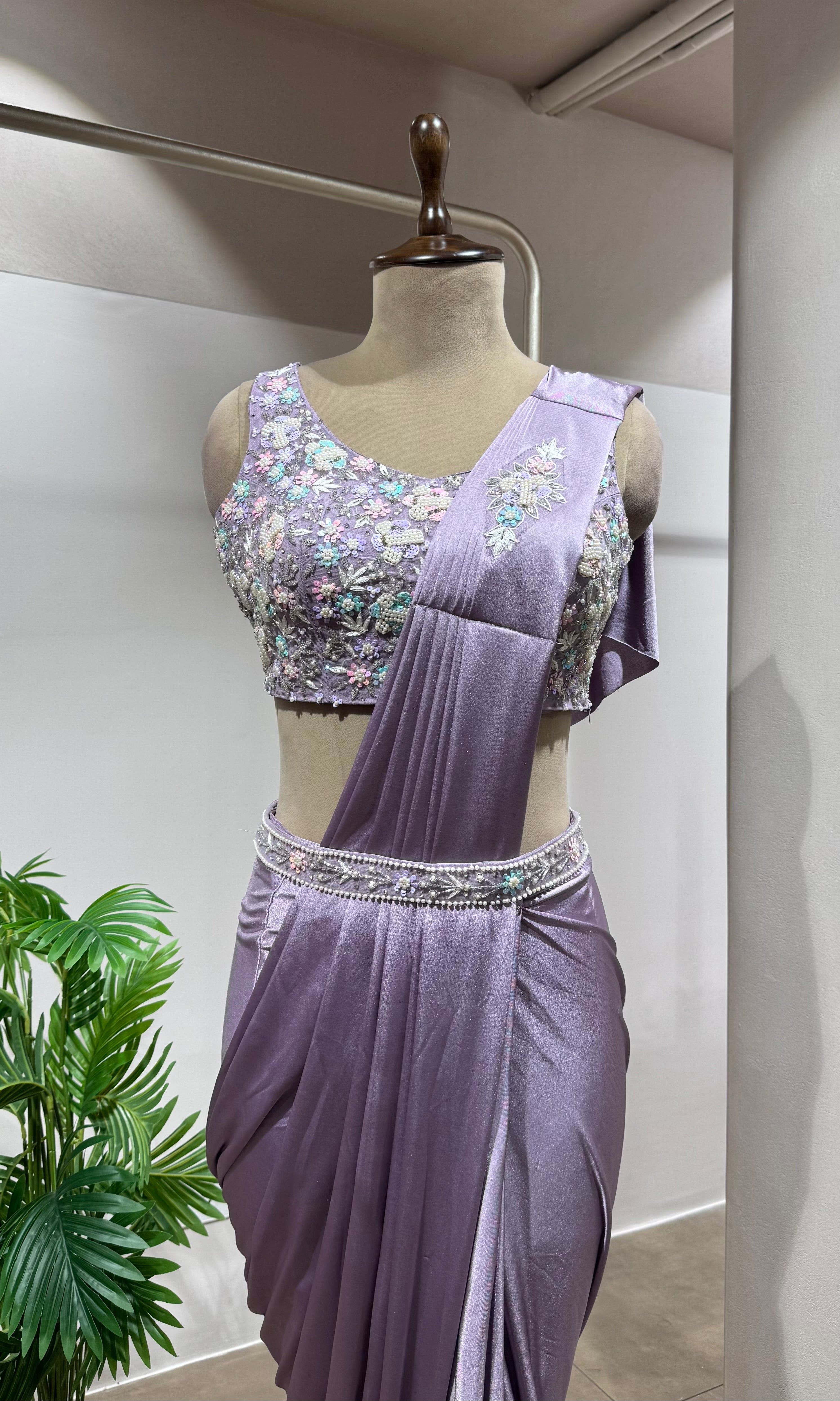 LAVENDER CRYSTAL WORK DRAPE SAREE