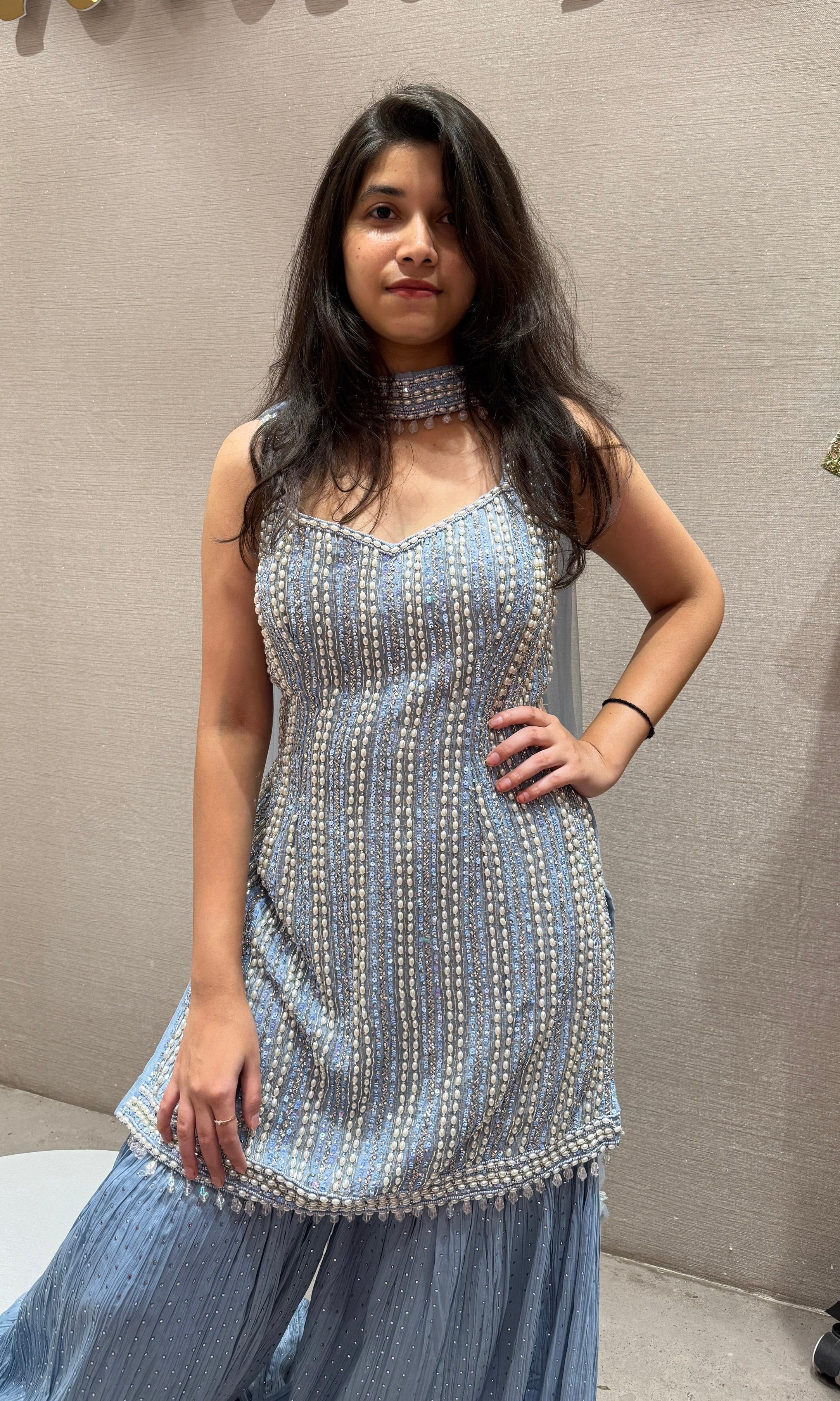 Blue beaded sharara set