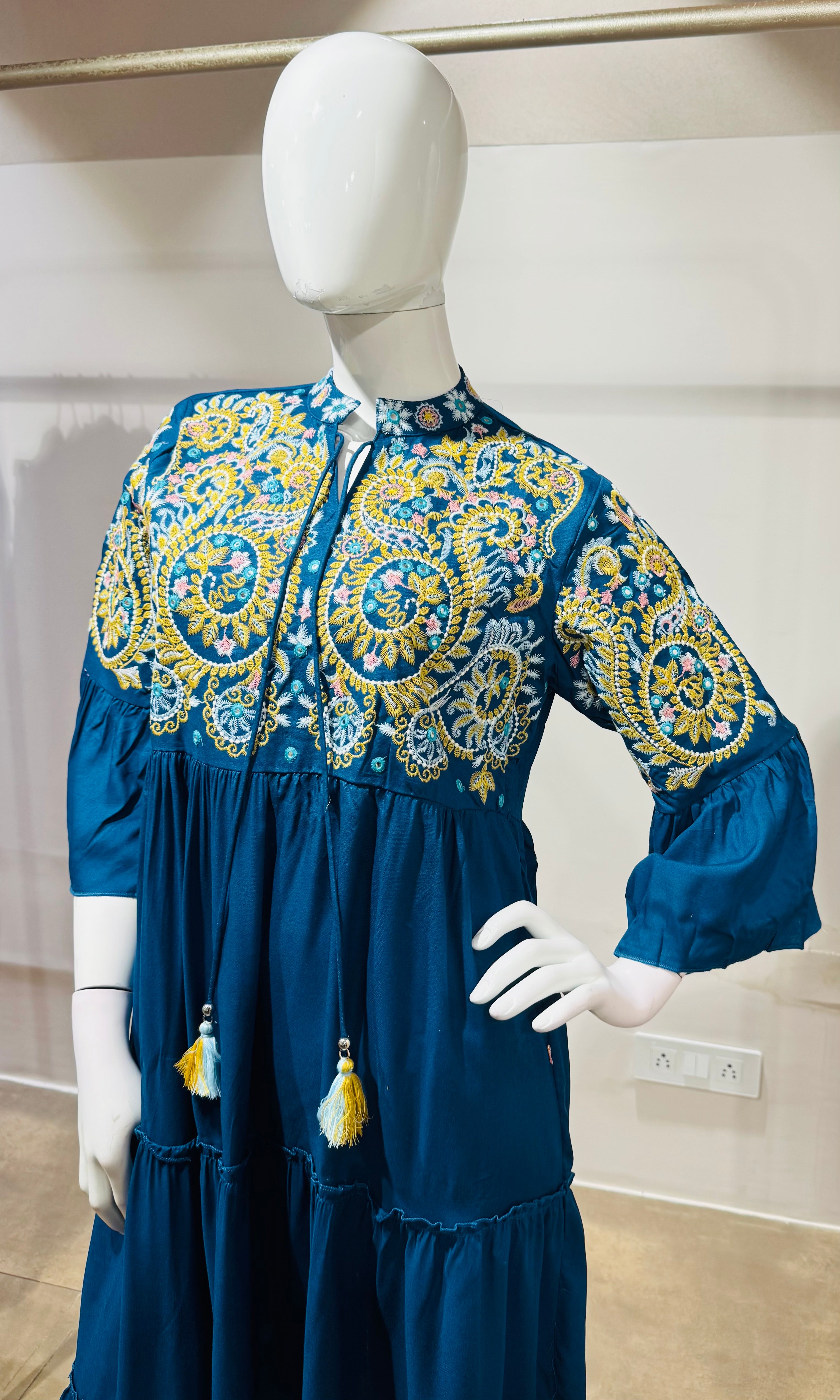 Blue Tiered Dress with Multicolor Embroidered Yoke