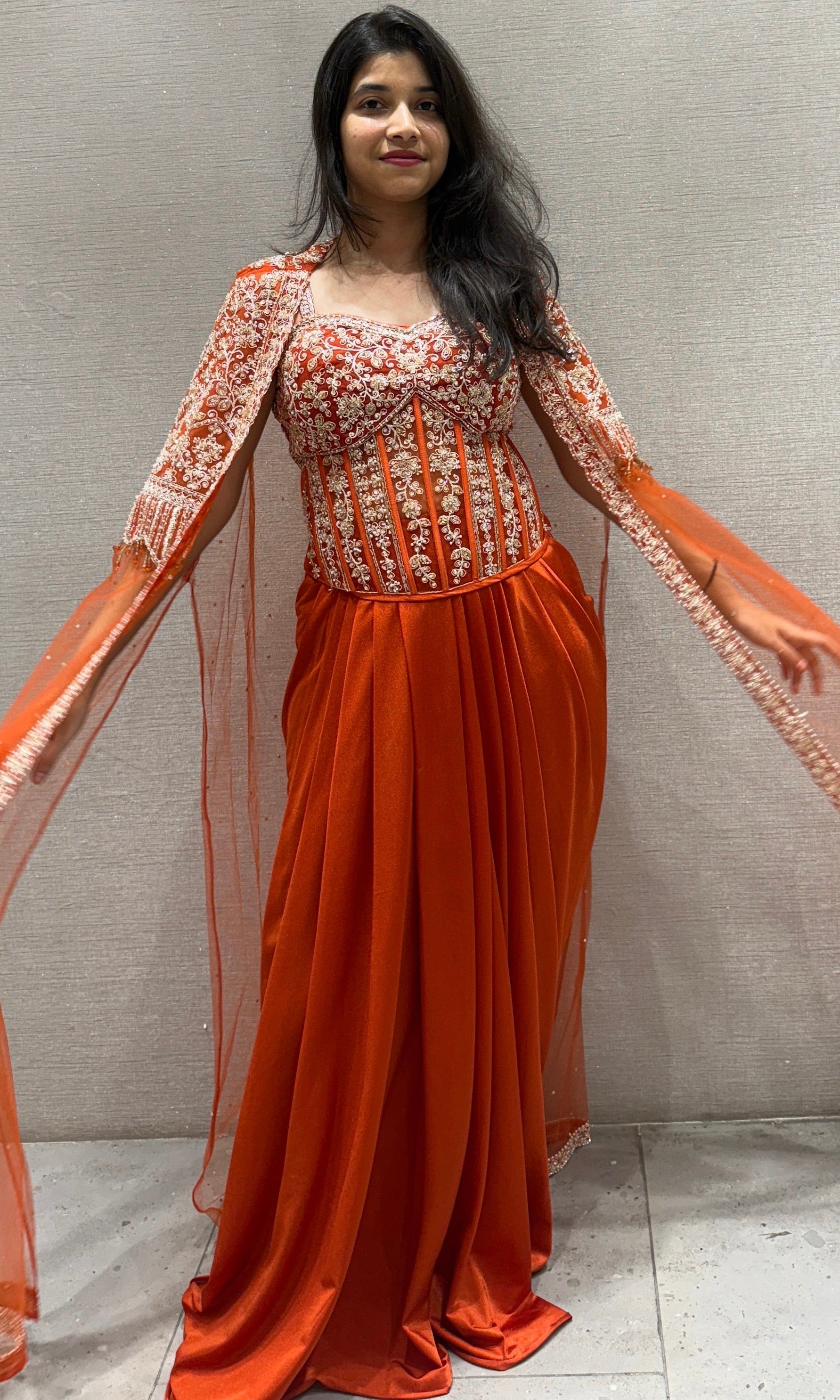 ORANGE 3 PIECE INDO WESTERN DRESS WITH SHRUG