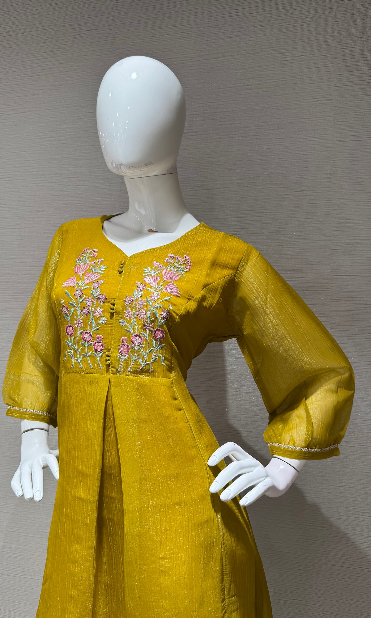 Mustard Yellow Floral Chanderi Kurta top
