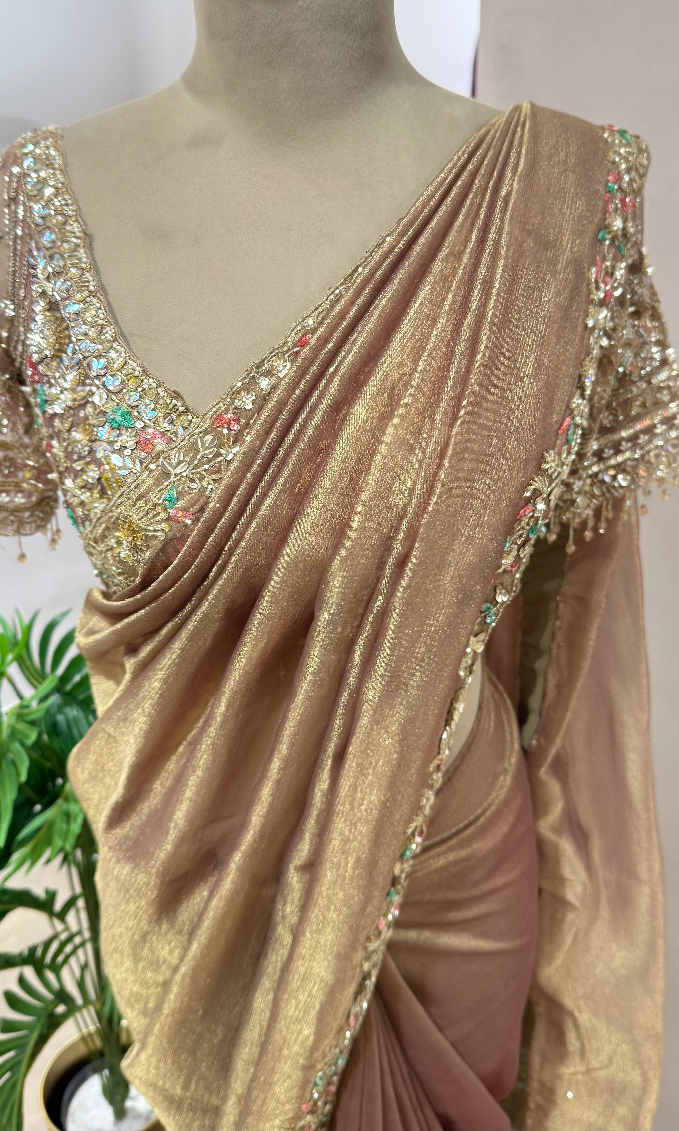 BLUSH PINK BANARASI TISSUE SAREE WITH BLOUSE