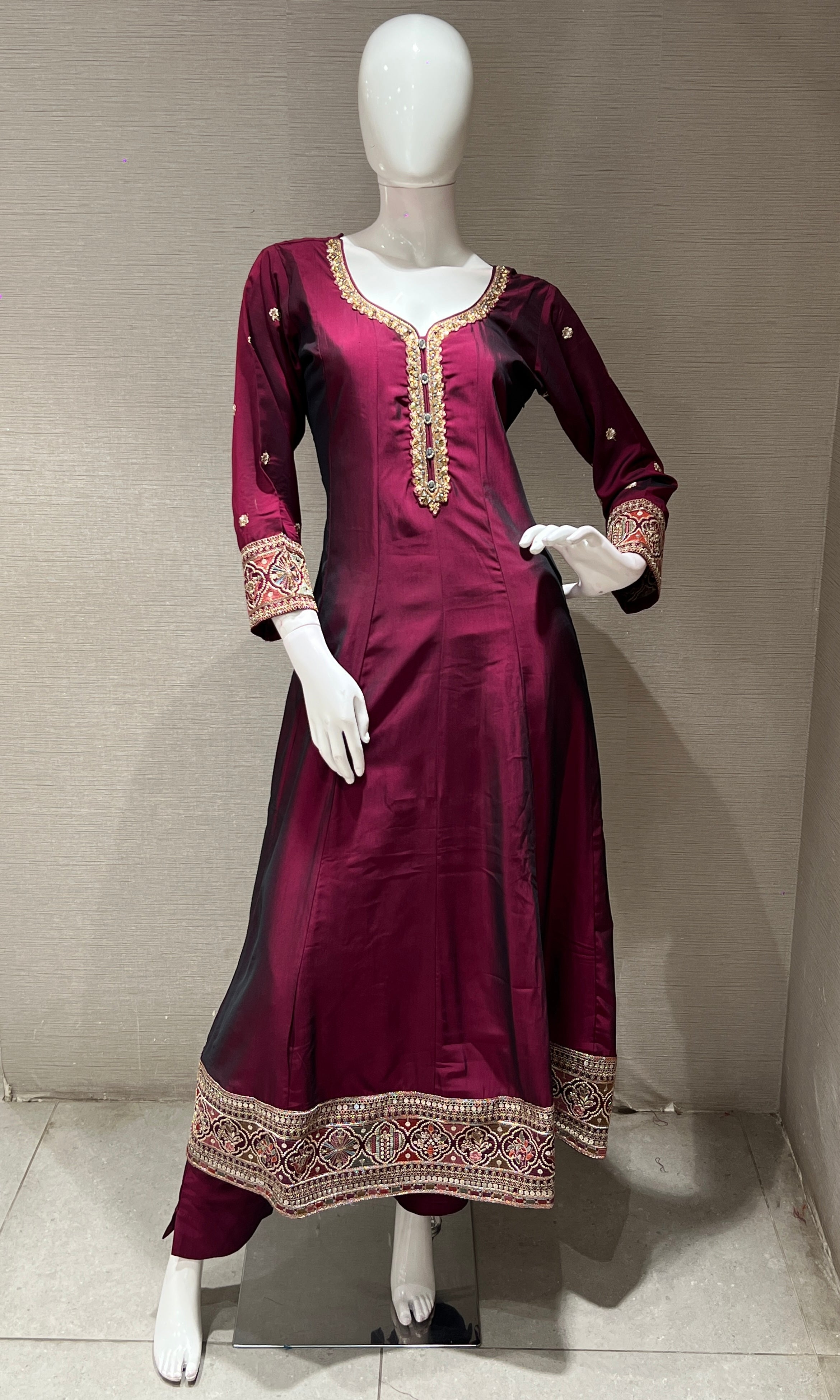 wine gold embroidery anarkali set