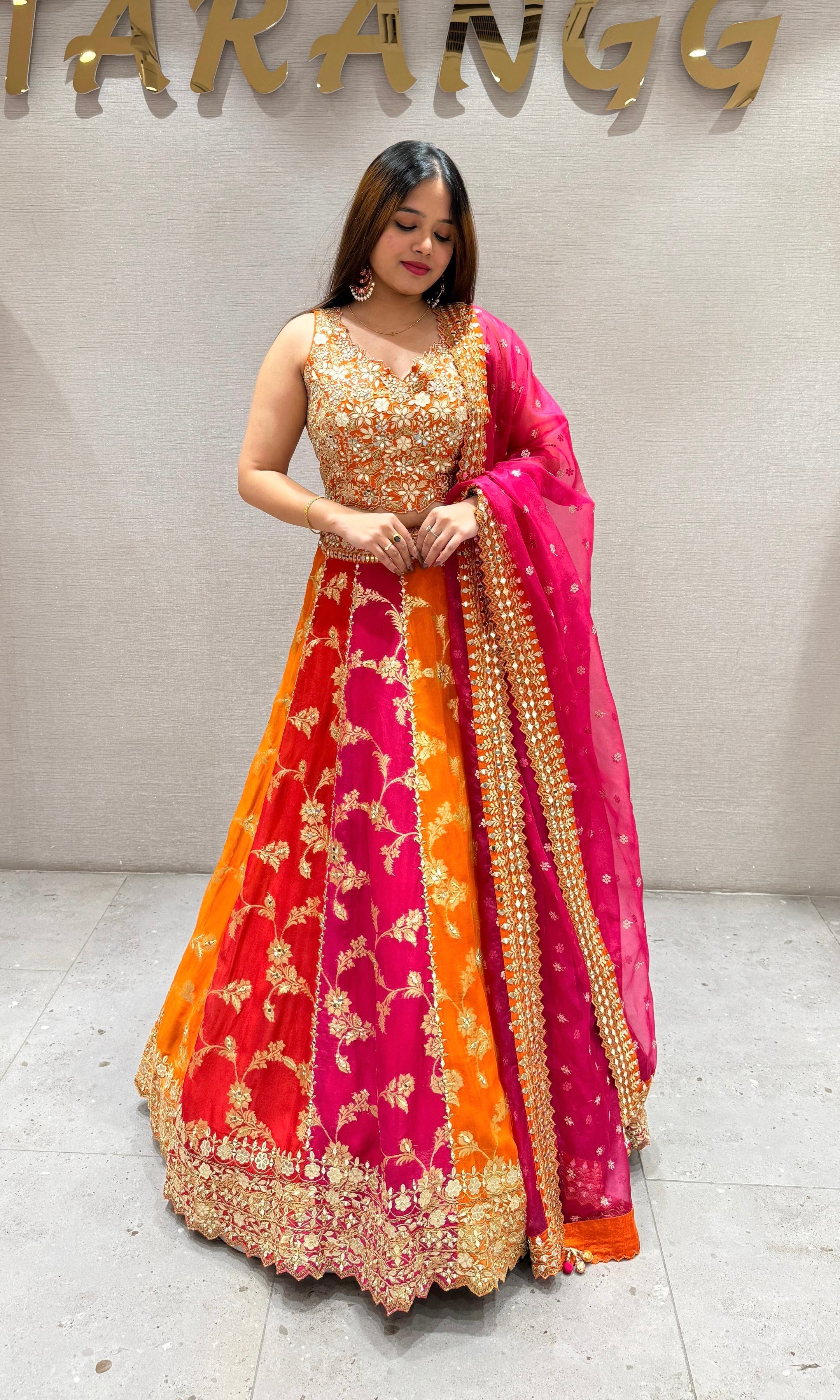 Orange and pink Banarasi Lehenga