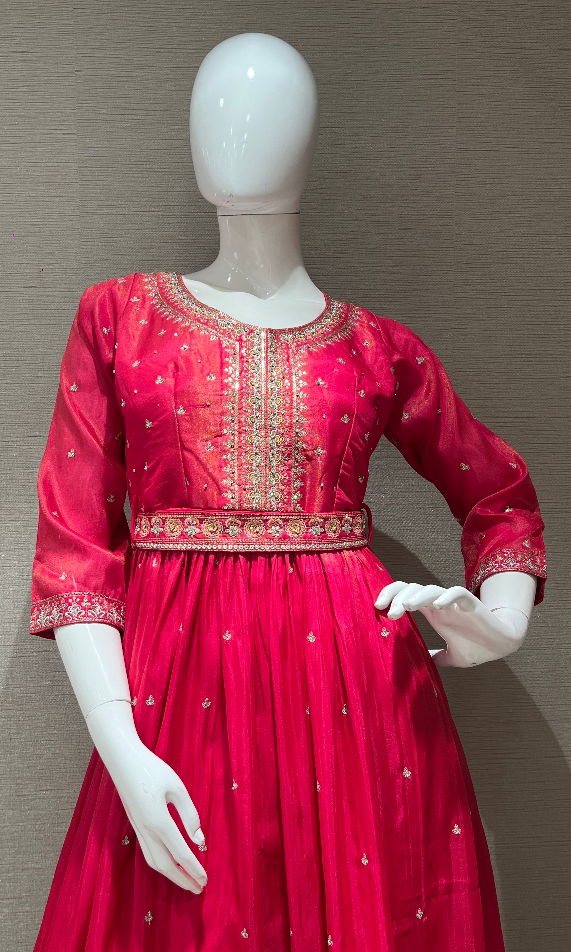 pink long anarkali with stones embroidered