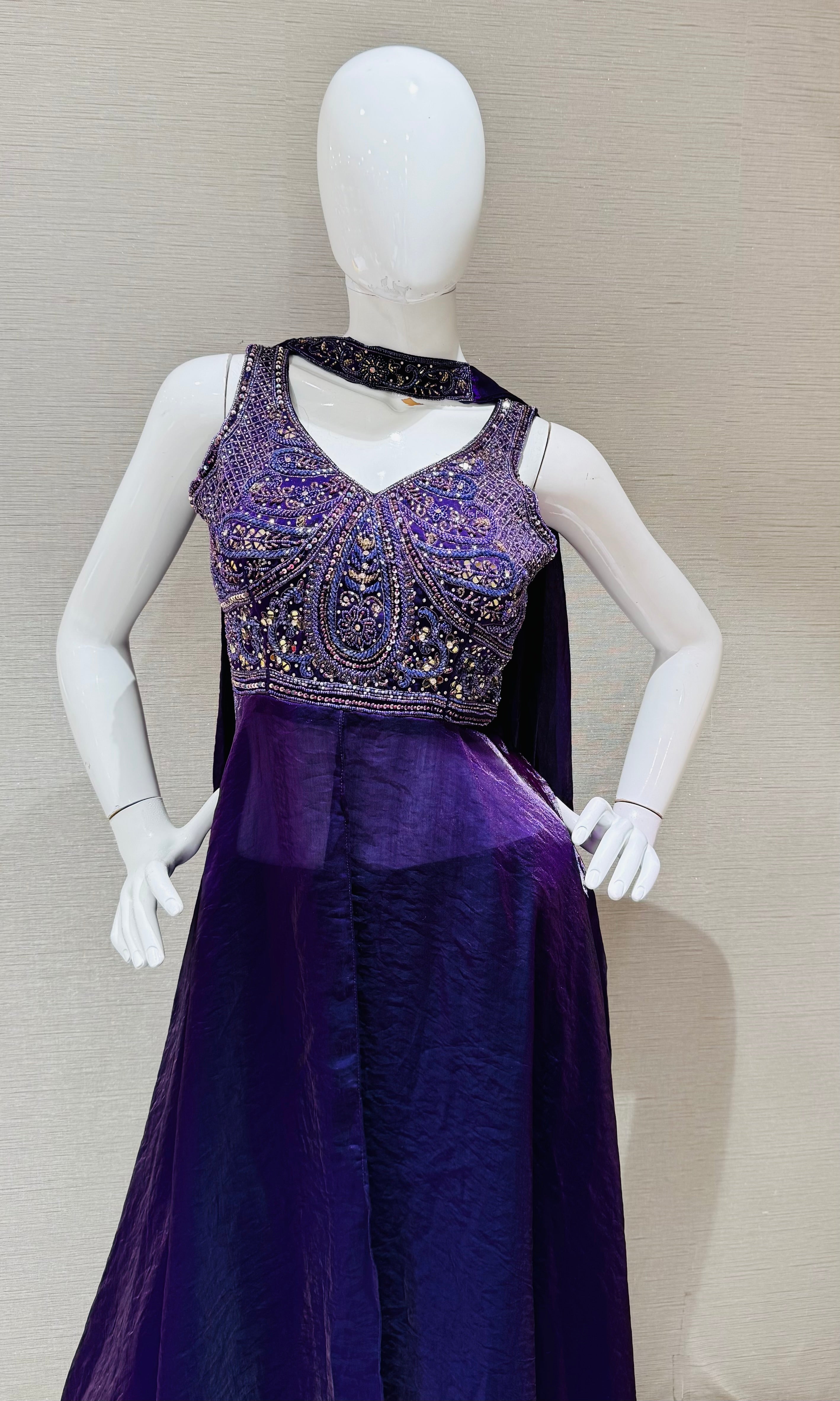 Purple embroidered front slit anarkali with palazzo Pants