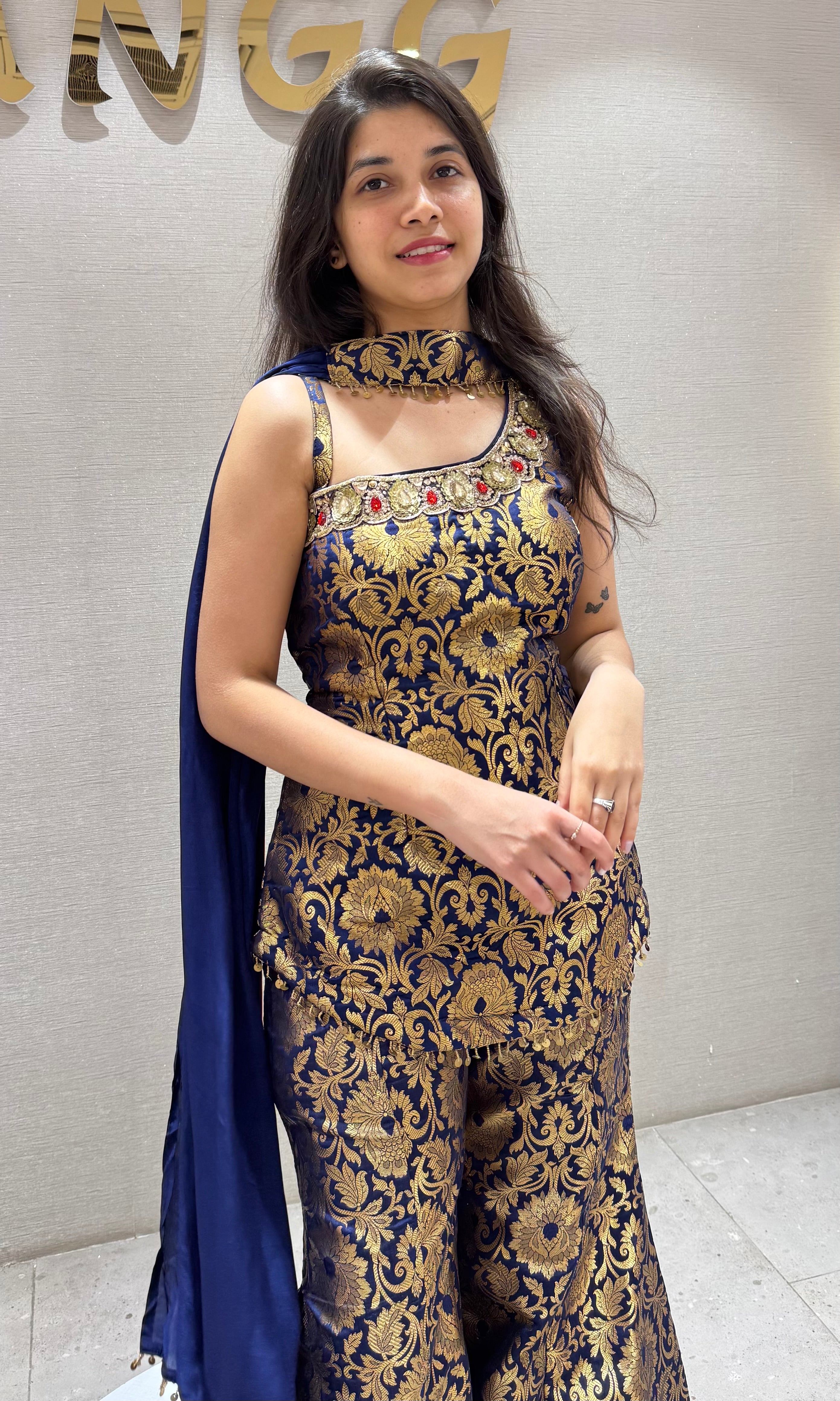 Navy blue GOLDEN FLORALS PALAZZO SET