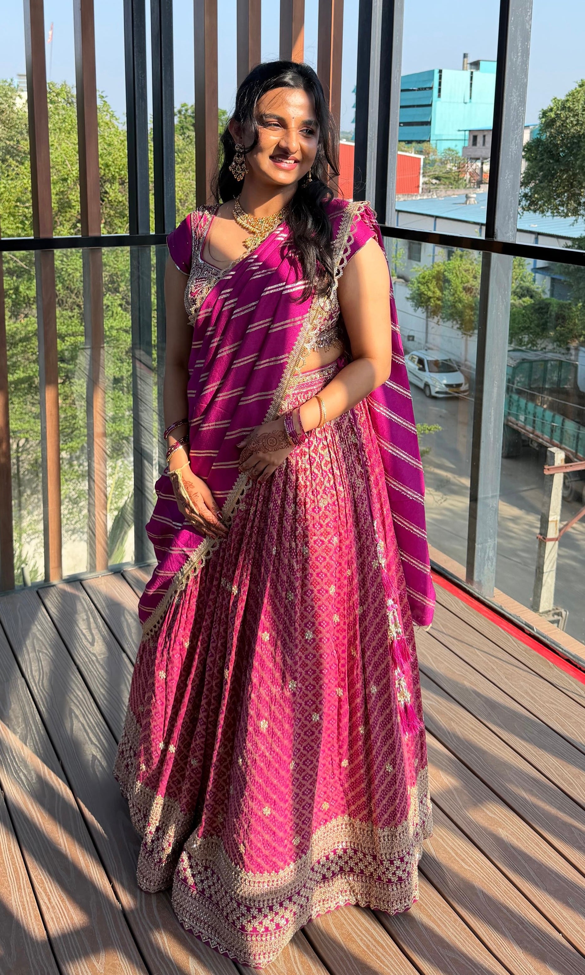 PURPLE BANDINI GOLD EMBROIDERY LEHENGA