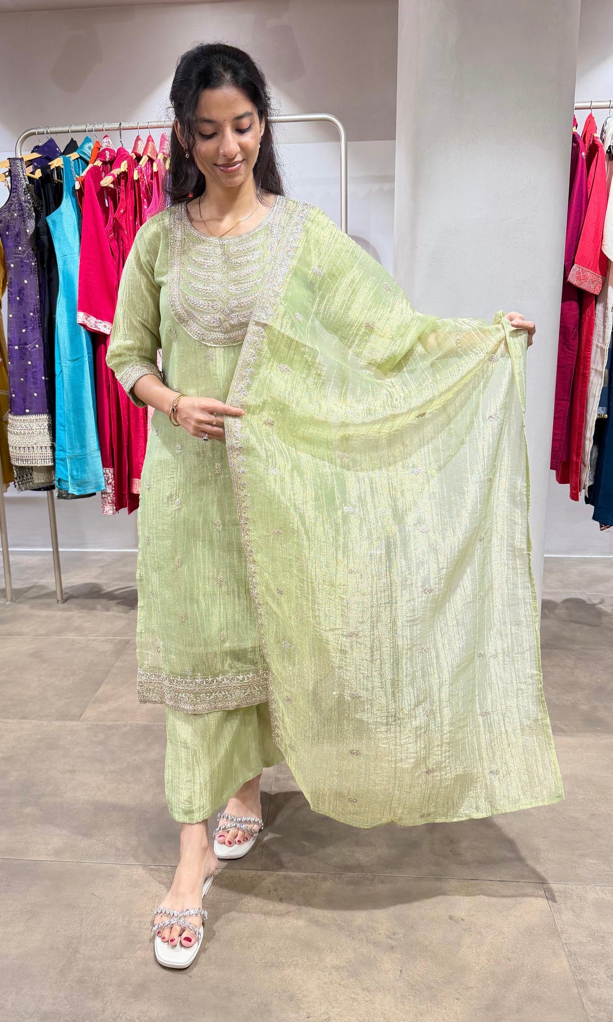 Green Shimmer tissue kurta set with Gold Embroidery